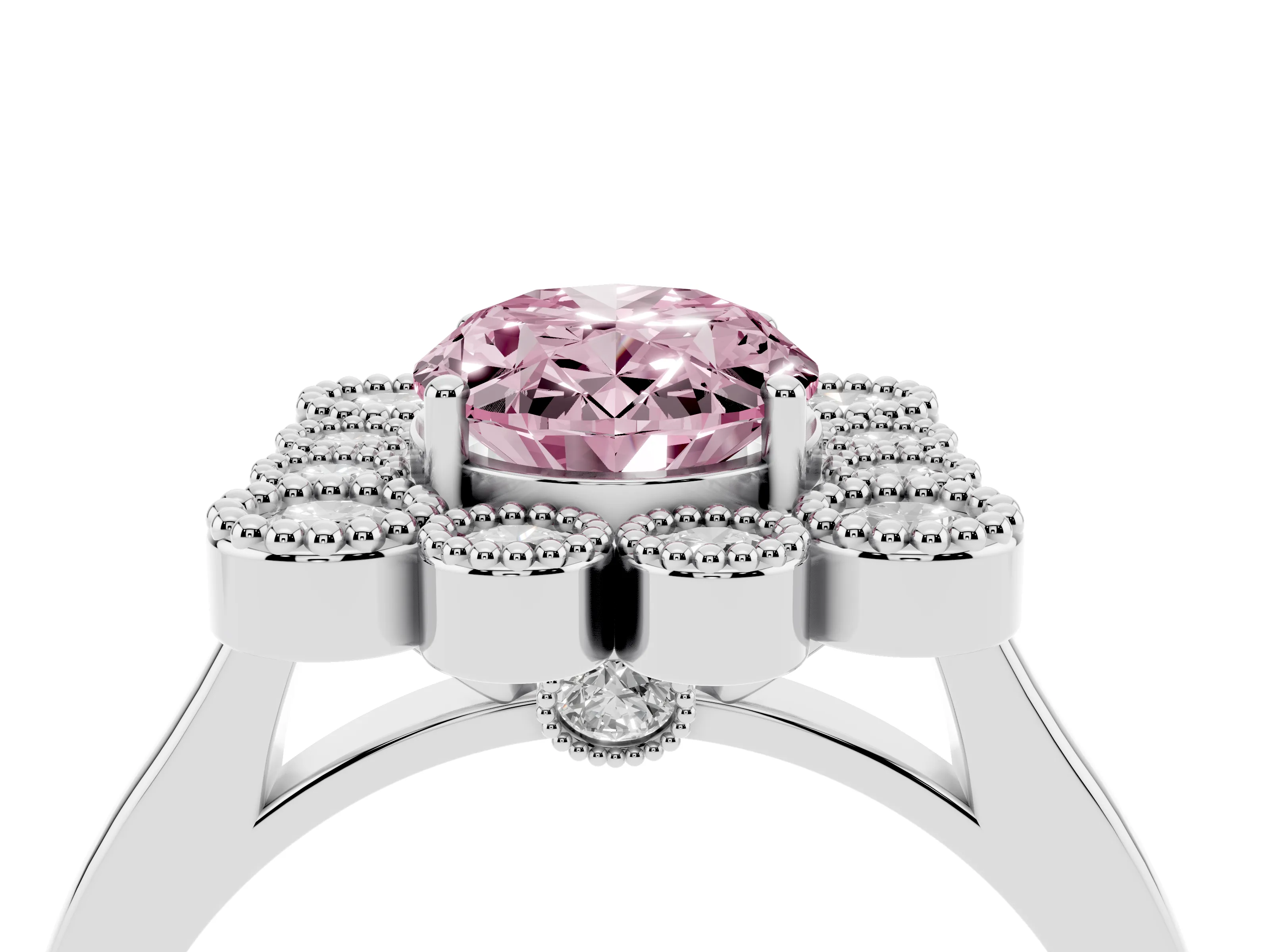 Fancy Pink Oval Cut Diamond Cluster Halo Ring Set in White gold with Milgrain Bezel Accents and Plain Band