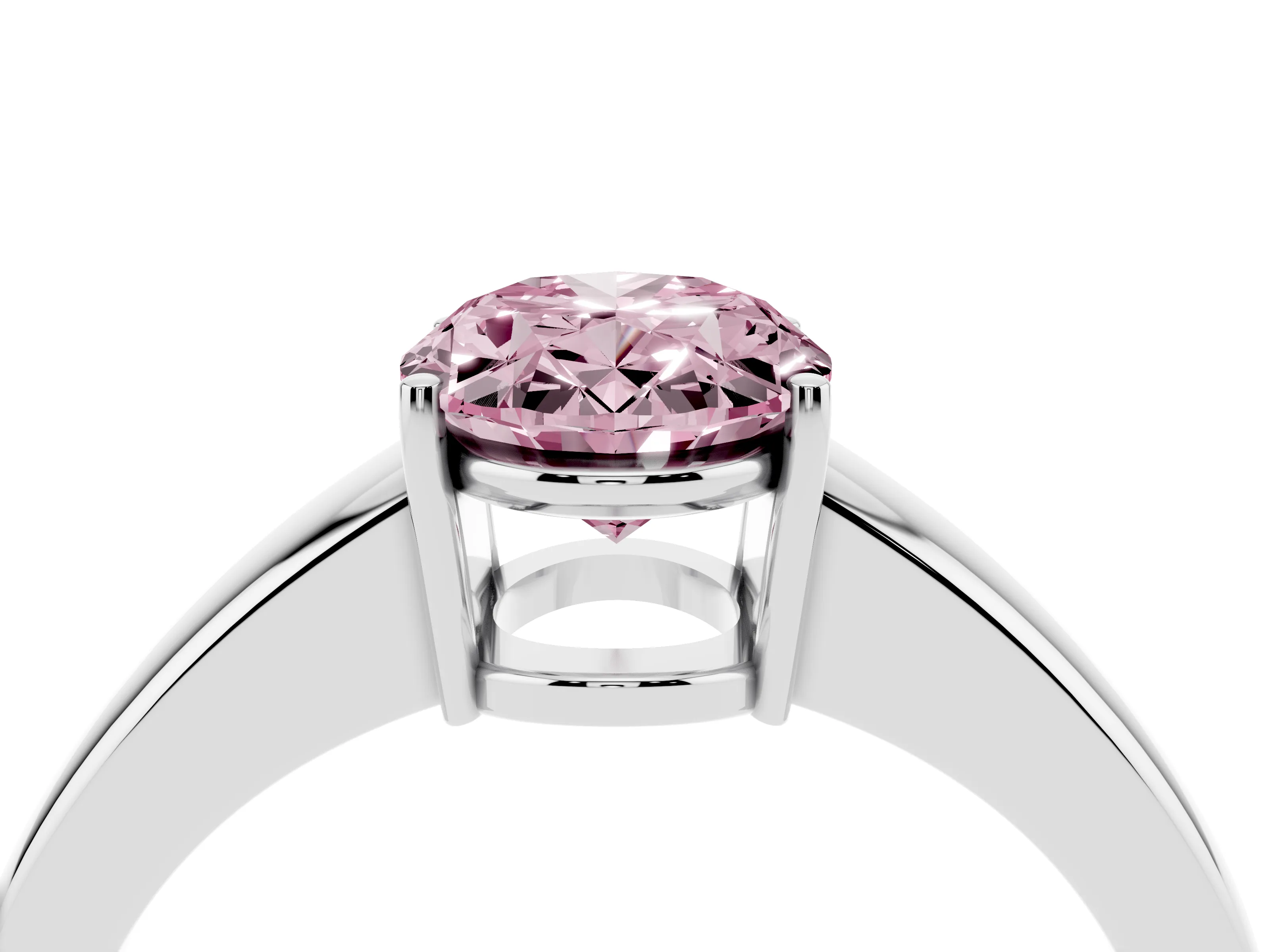 Fancy Pink Oval Cut Diamond Solitaire Ring Set in Silver with Tapered Band and Prong Setting
