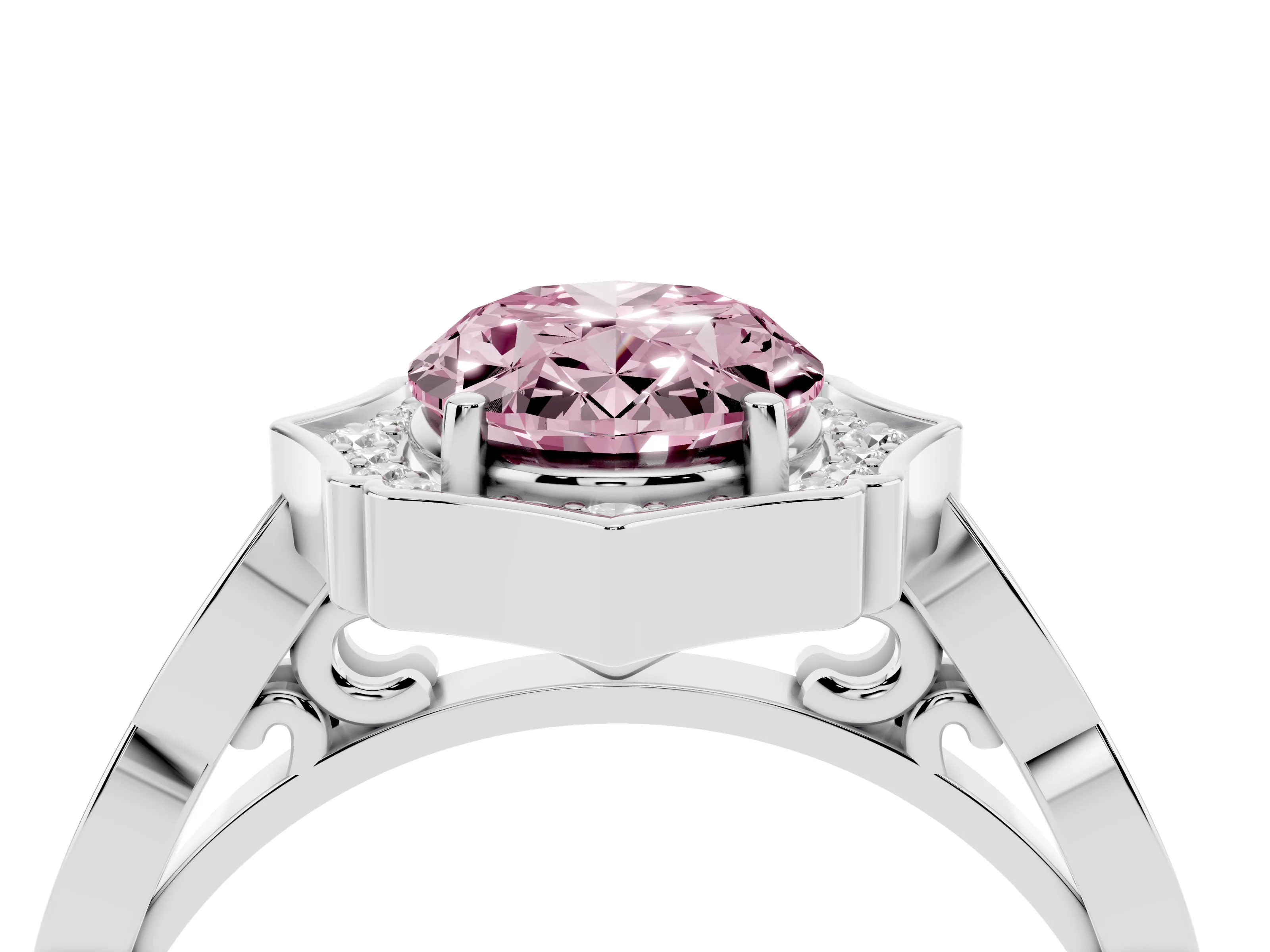 Fancy Pink Oval Cut Diamond Halo Engagement Ring Set in White gold with Milgrain Band and Prong Setting