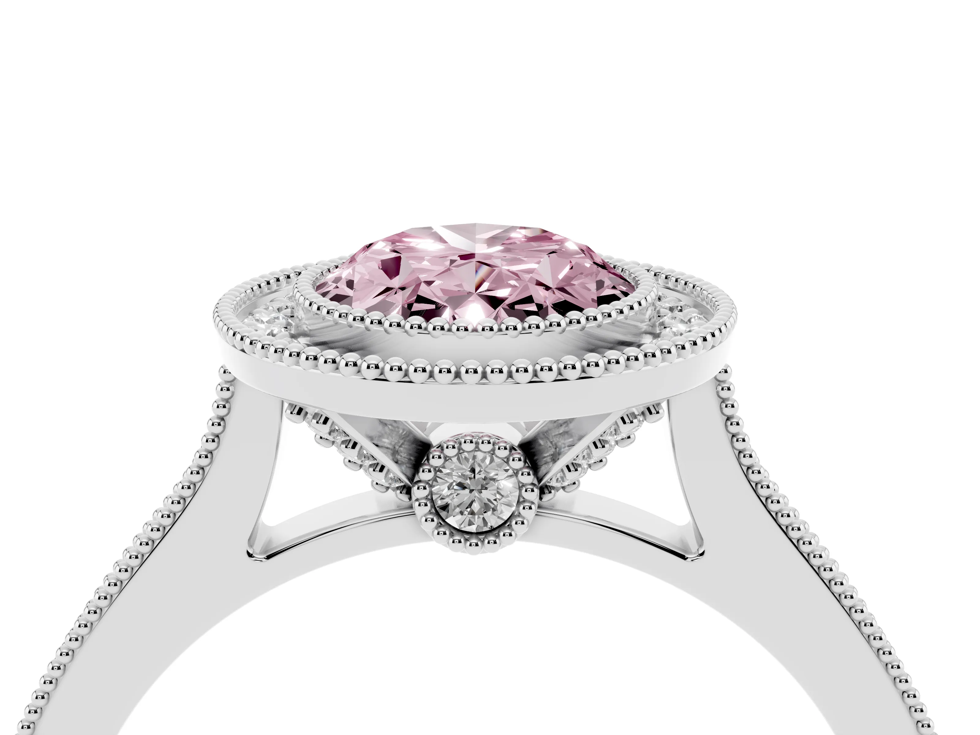 Fancy Pink Oval Cut Diamond Halo Milgrain Pavé Band Ring Set in Silver with Prong Setting