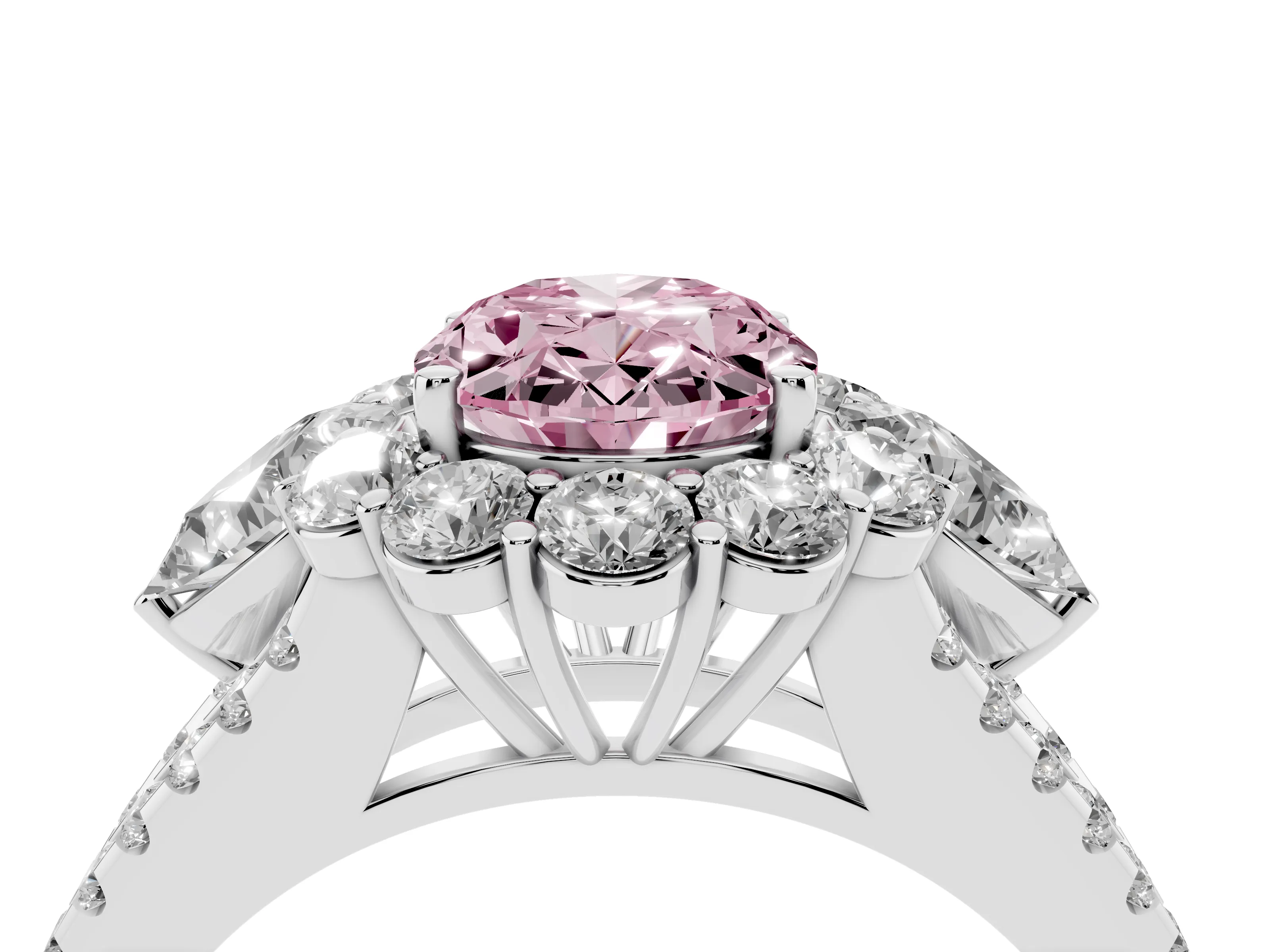Fancy Pink Oval Cut Diamond Halo Split Shank Engagement Ring Set in Silver with Prong-Held Center Stone