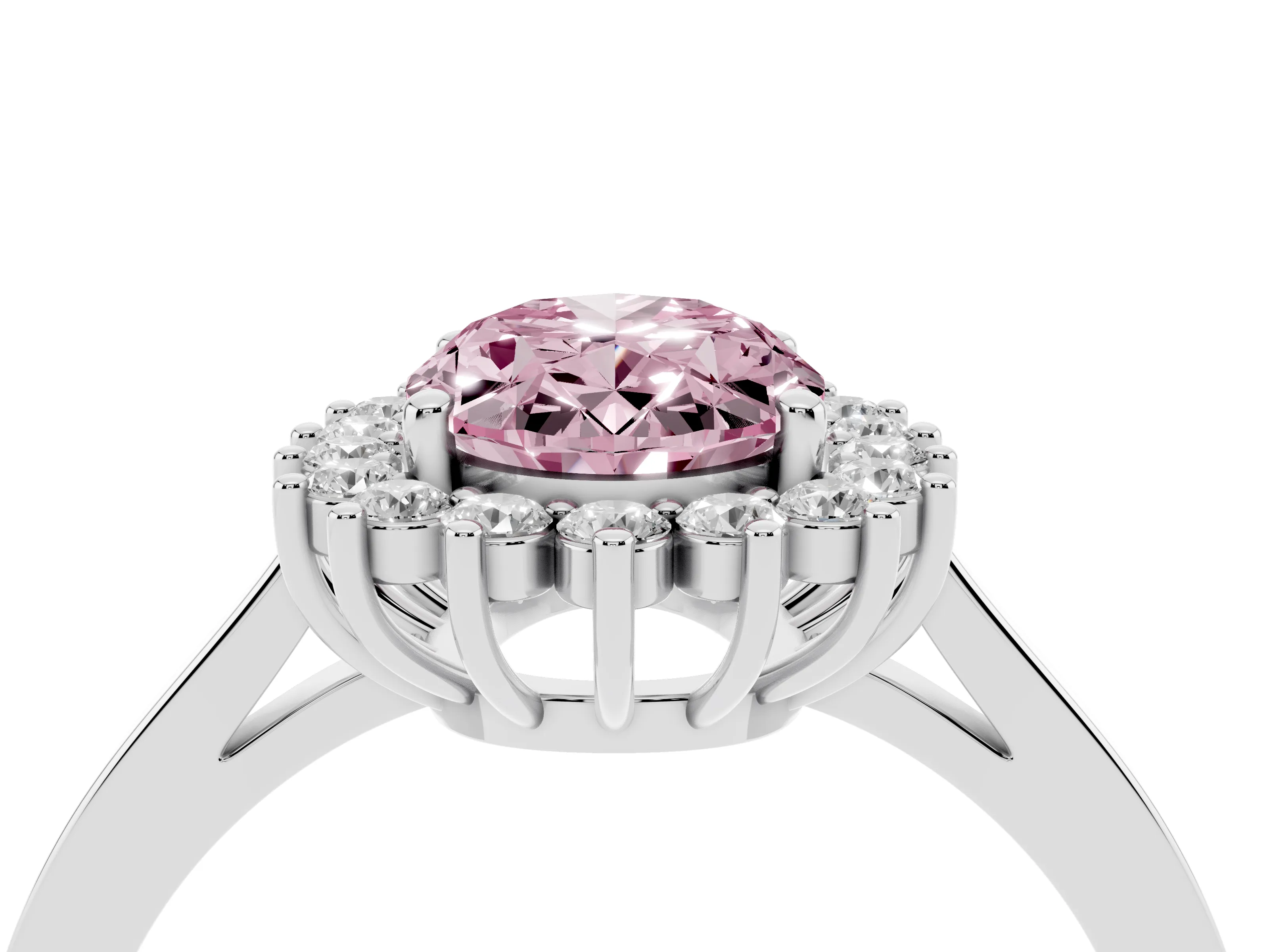 Fancy Pink Oval Cut Diamond Halo Ring Set in White gold with Round Halo and Smooth Solitaire Band