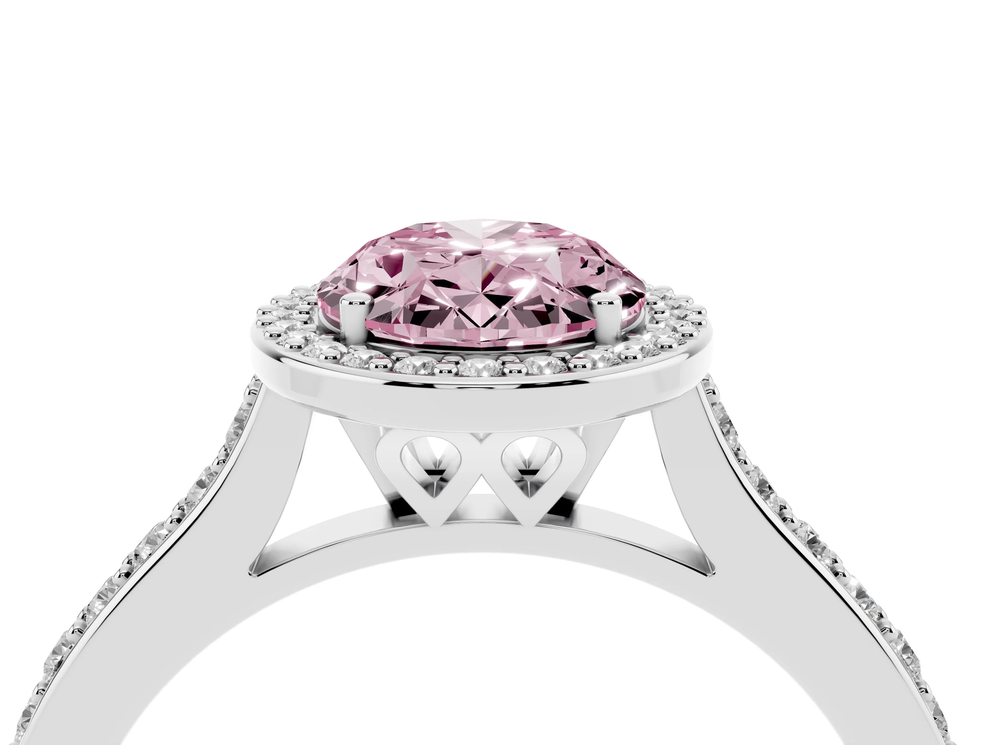 Fancy Pink Oval Cut Diamond Halo Engagement Ring Set in White gold with Round Pavé Shoulders and Heart Gallery