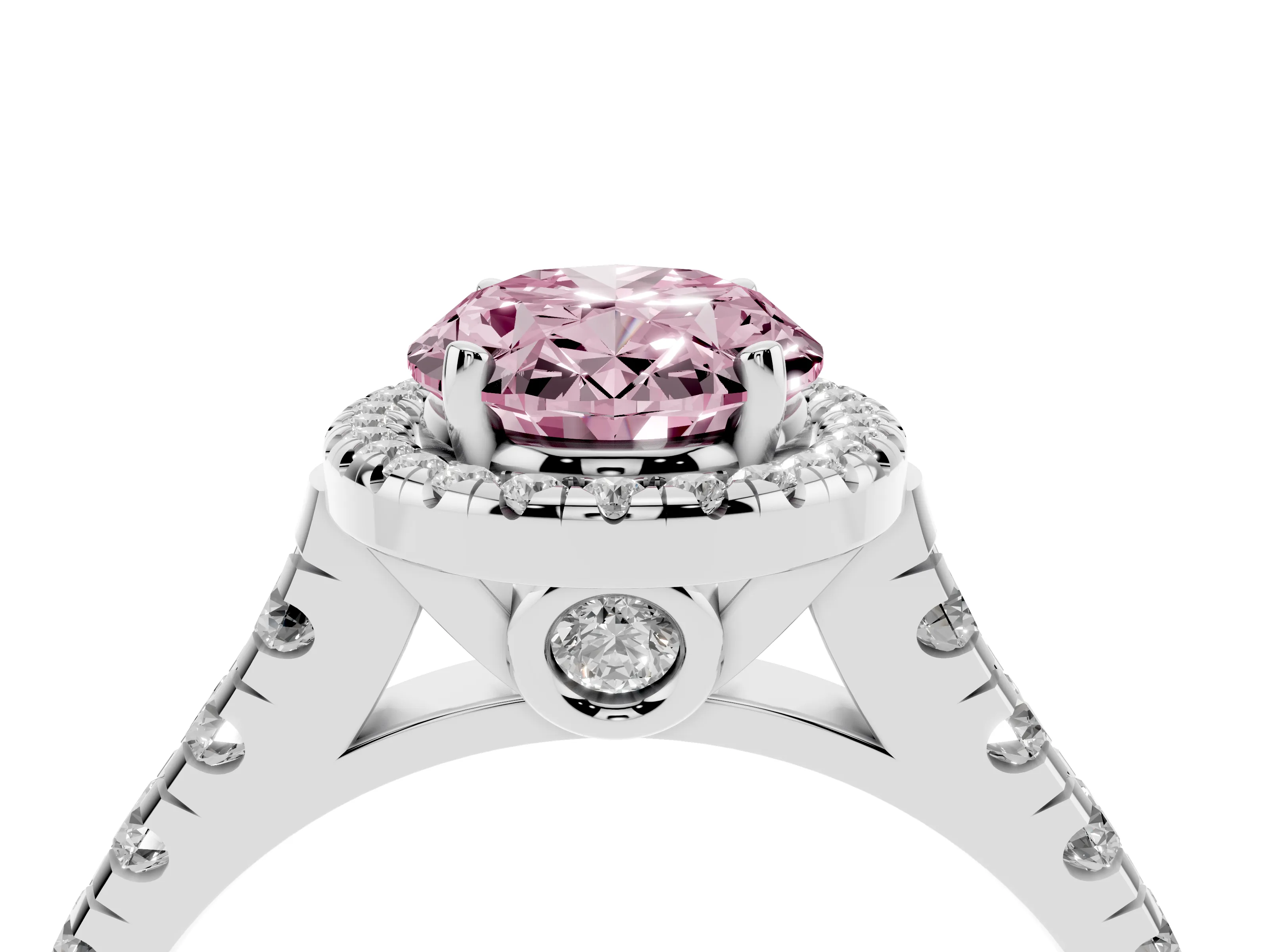 Fancy Pink Oval Cut Diamond Halo Engagement Ring Set in Platinum with Pavé Band and Prong-Set Center