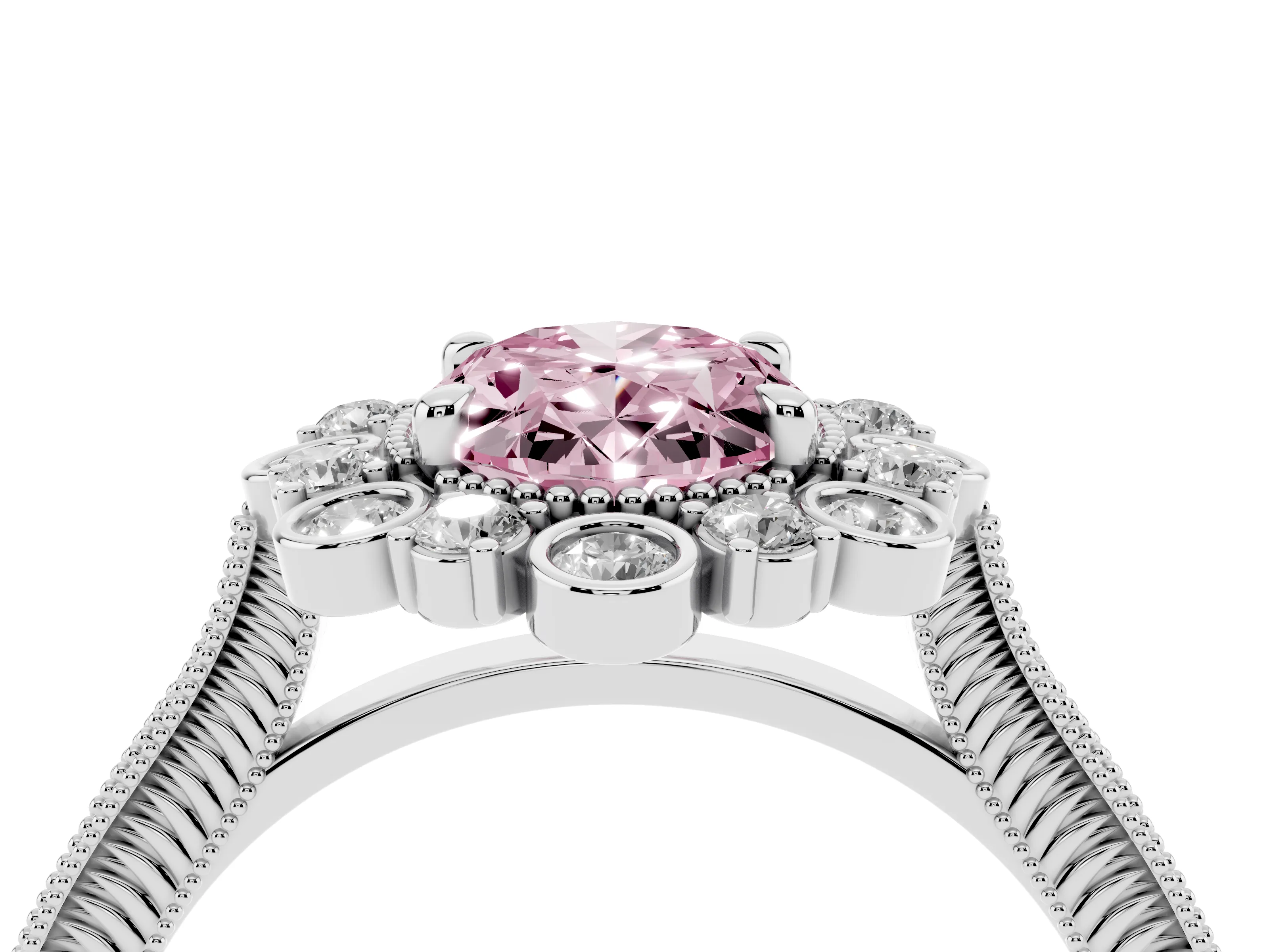 Fancy Pink Oval Cut Diamond Halo Milgrain Pavé Ring Set in Silver with Prong Setting