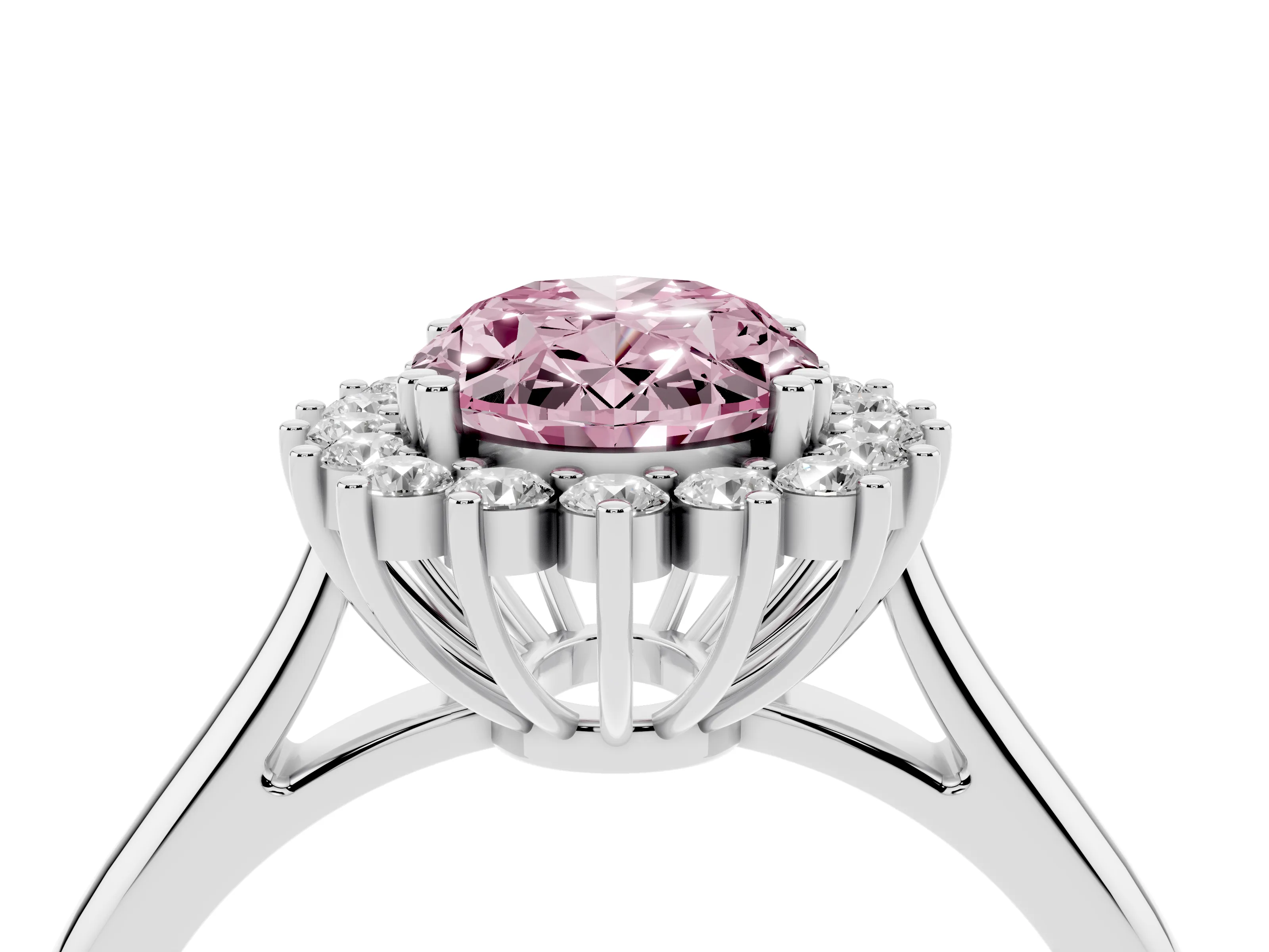 Fancy Pink Oval Cut Diamond Halo Ring Set in White gold with Plain Solitaire Band and Prong Setting