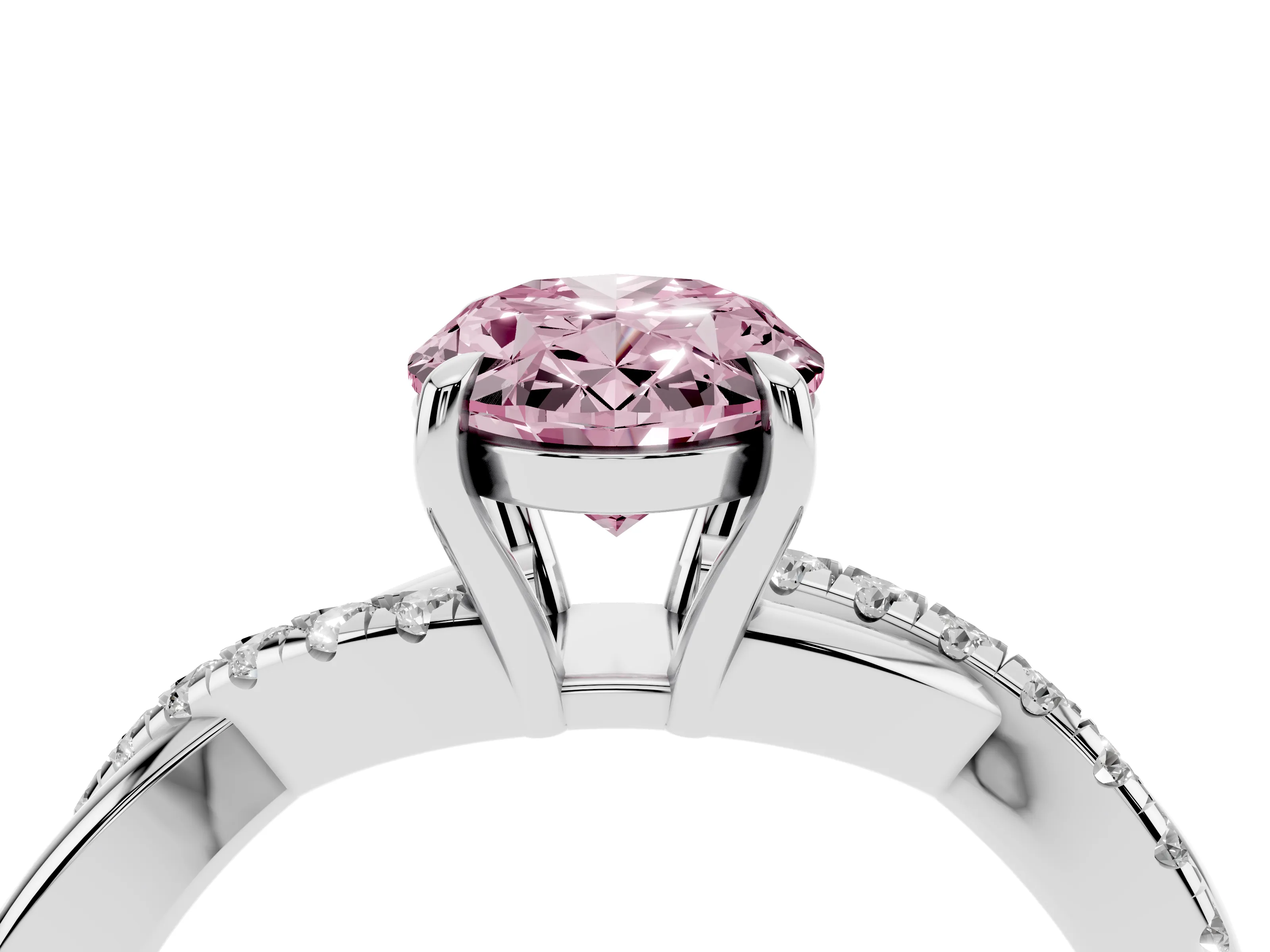 Fancy Pink Oval Cut Diamond Twisted Pavé Band Ring Set in Silver with Prong Setting