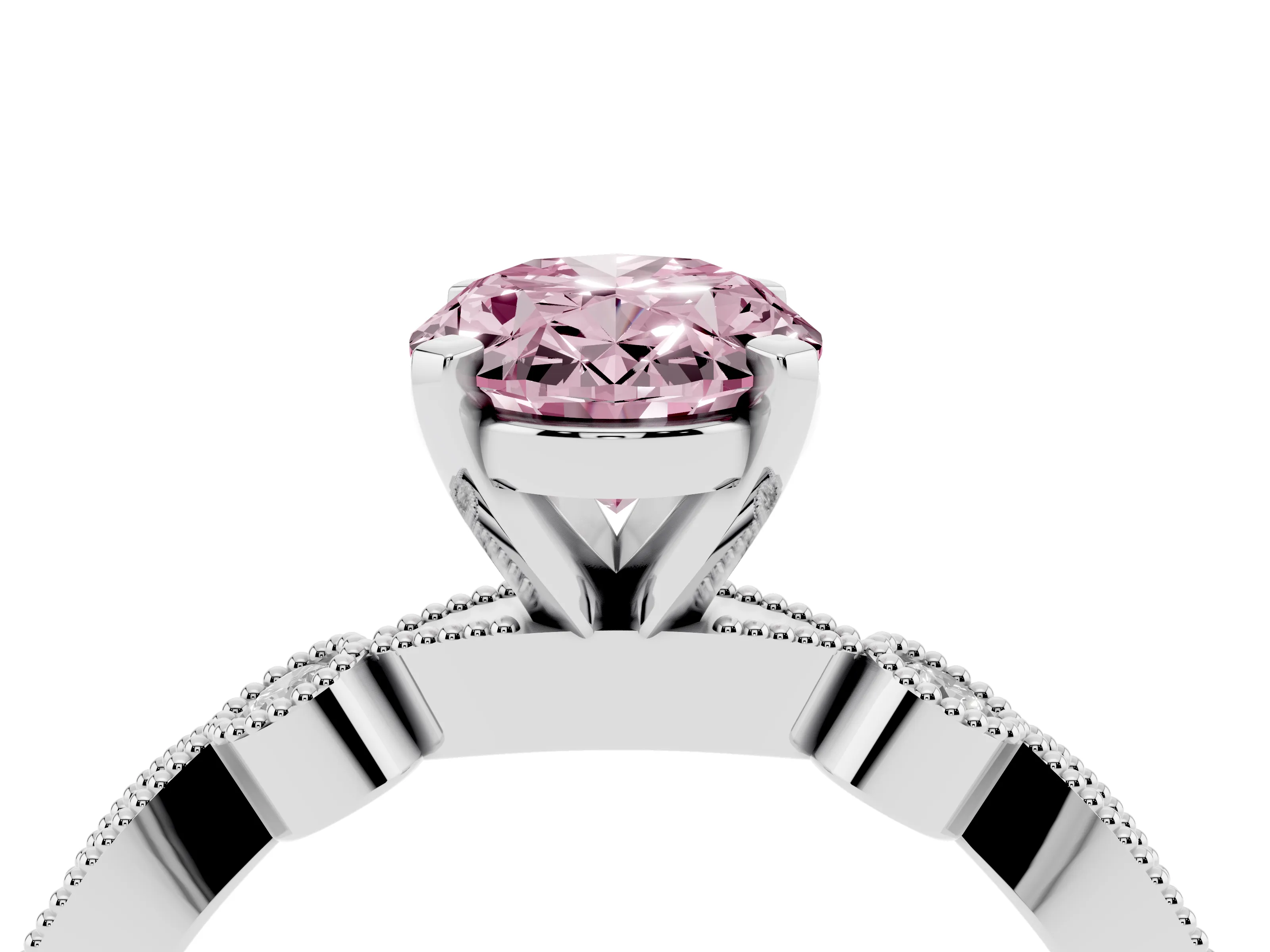 Fancy Pink Oval Cut Diamond Solitaire Engagement Ring Set in Platinum with Milgrain Bezel Accent Band