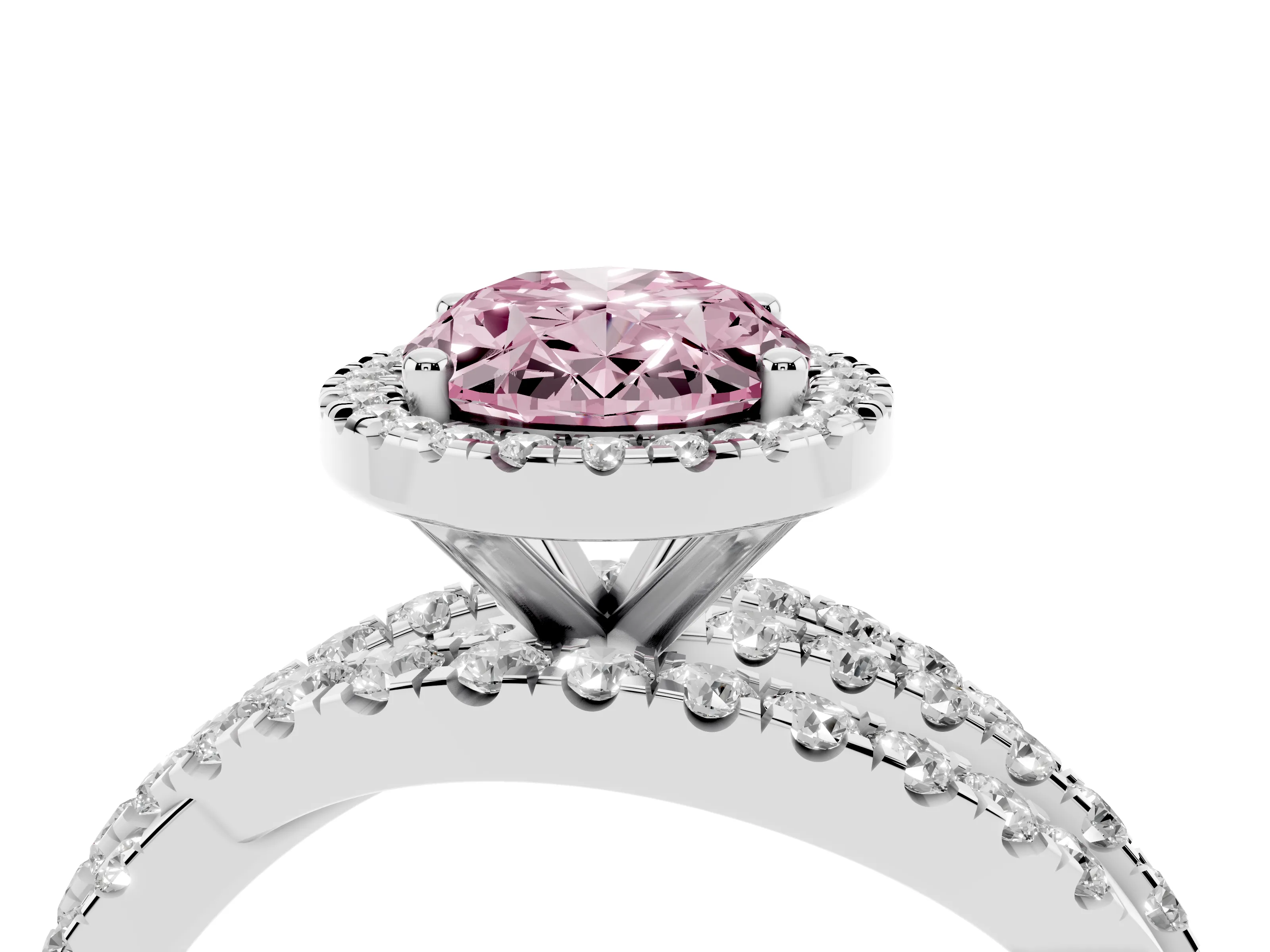 Fancy Pink Oval Cut Diamond Halo Ring Set in Platinum with Round Crossover Split Shank and Prong Setting