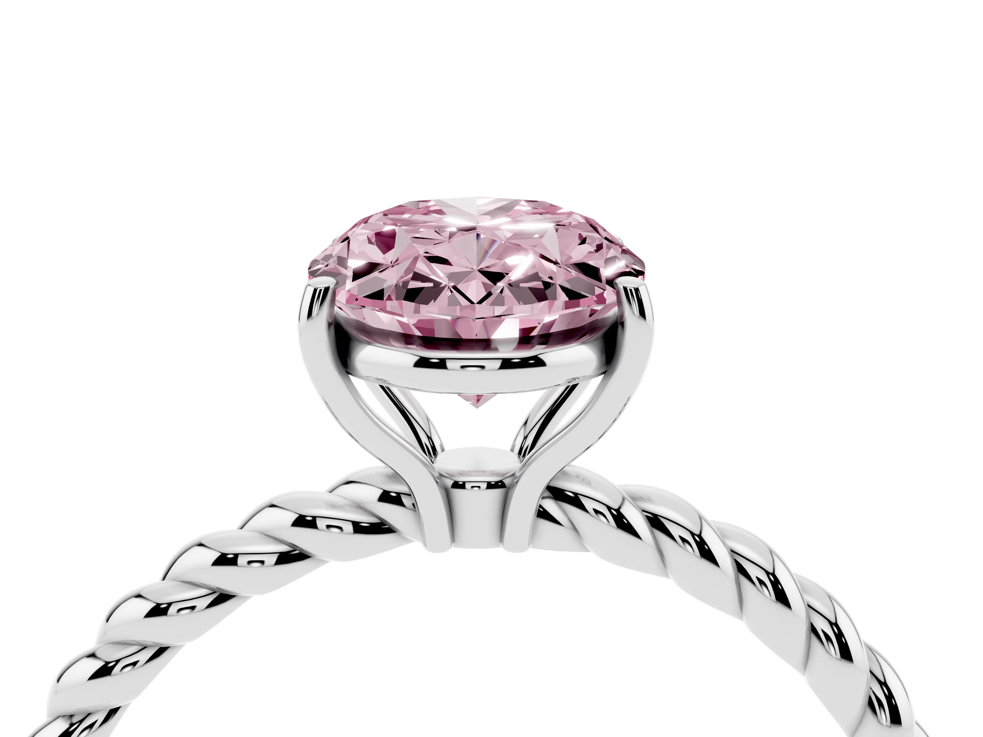 Fancy Pink Oval Cut Diamond Solitaire Twisted Band Ring Set in Silver with Prong Solitaire Setting