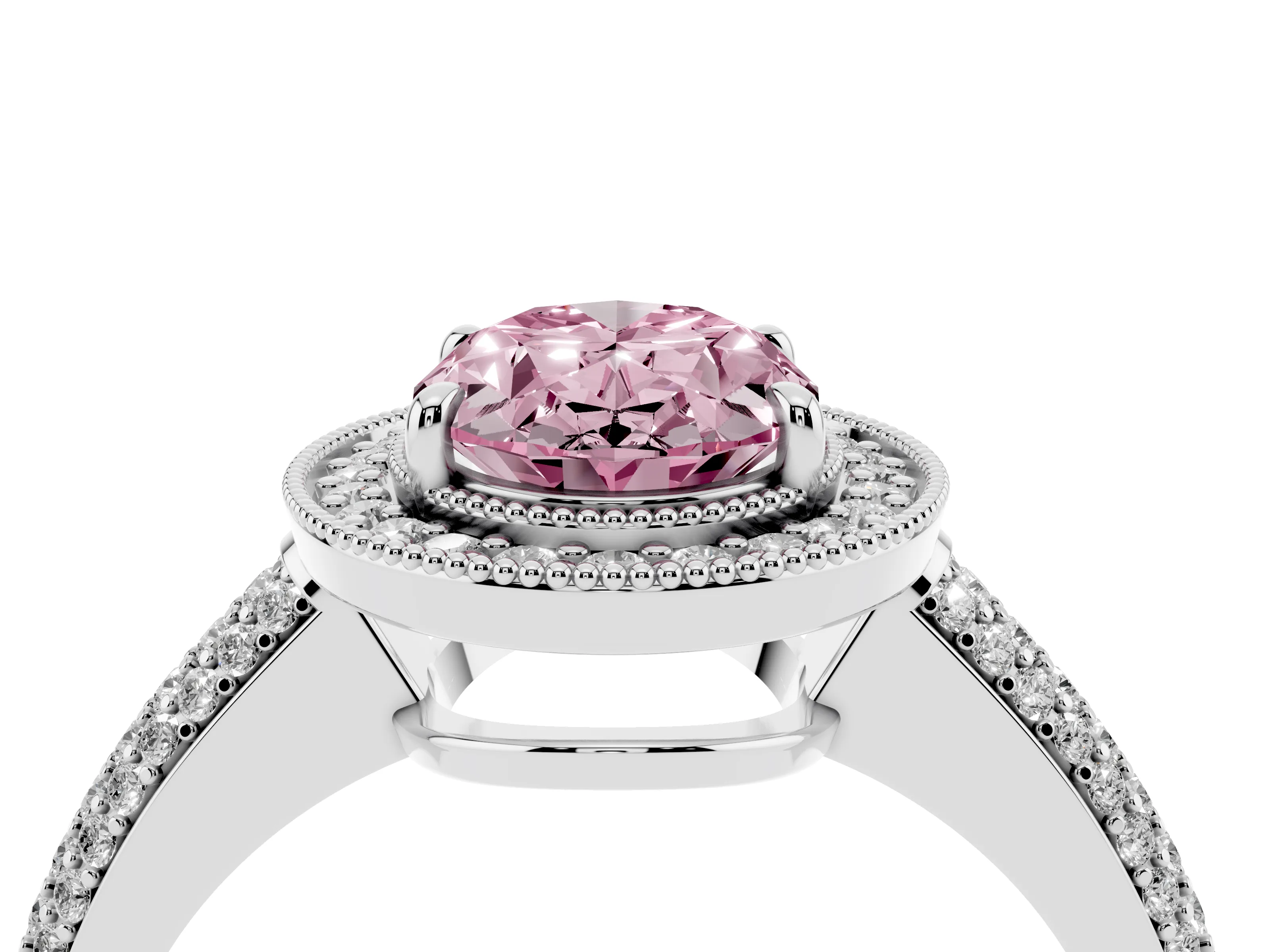 Fancy Pink Oval Cut Diamond Halo Pavé Band Set in Platinum with Prong Setting