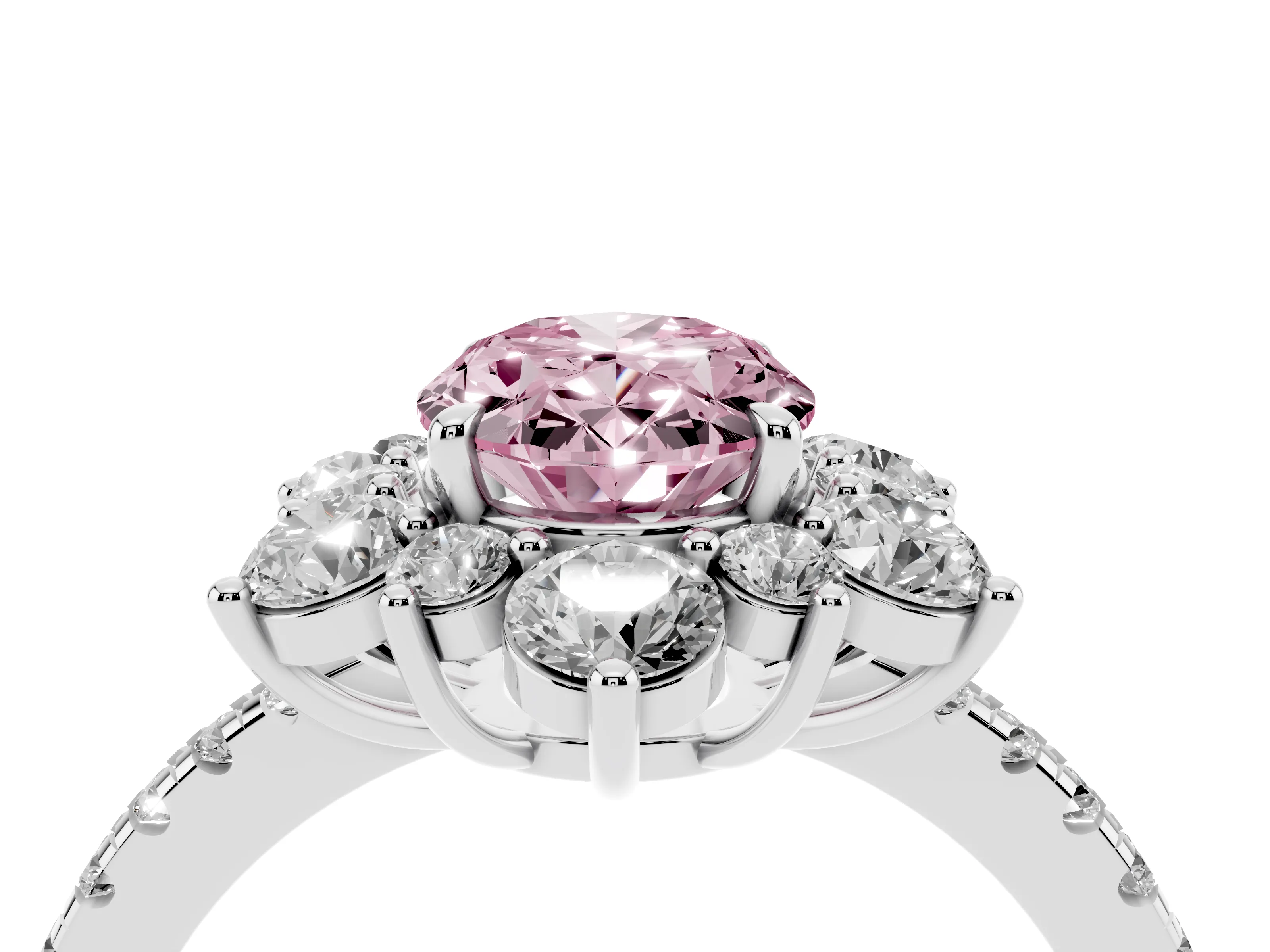 Fancy Pink Oval Cut Diamond Floral Halo Ring Set in Platinum with Round Pavé Band and Prong Setting