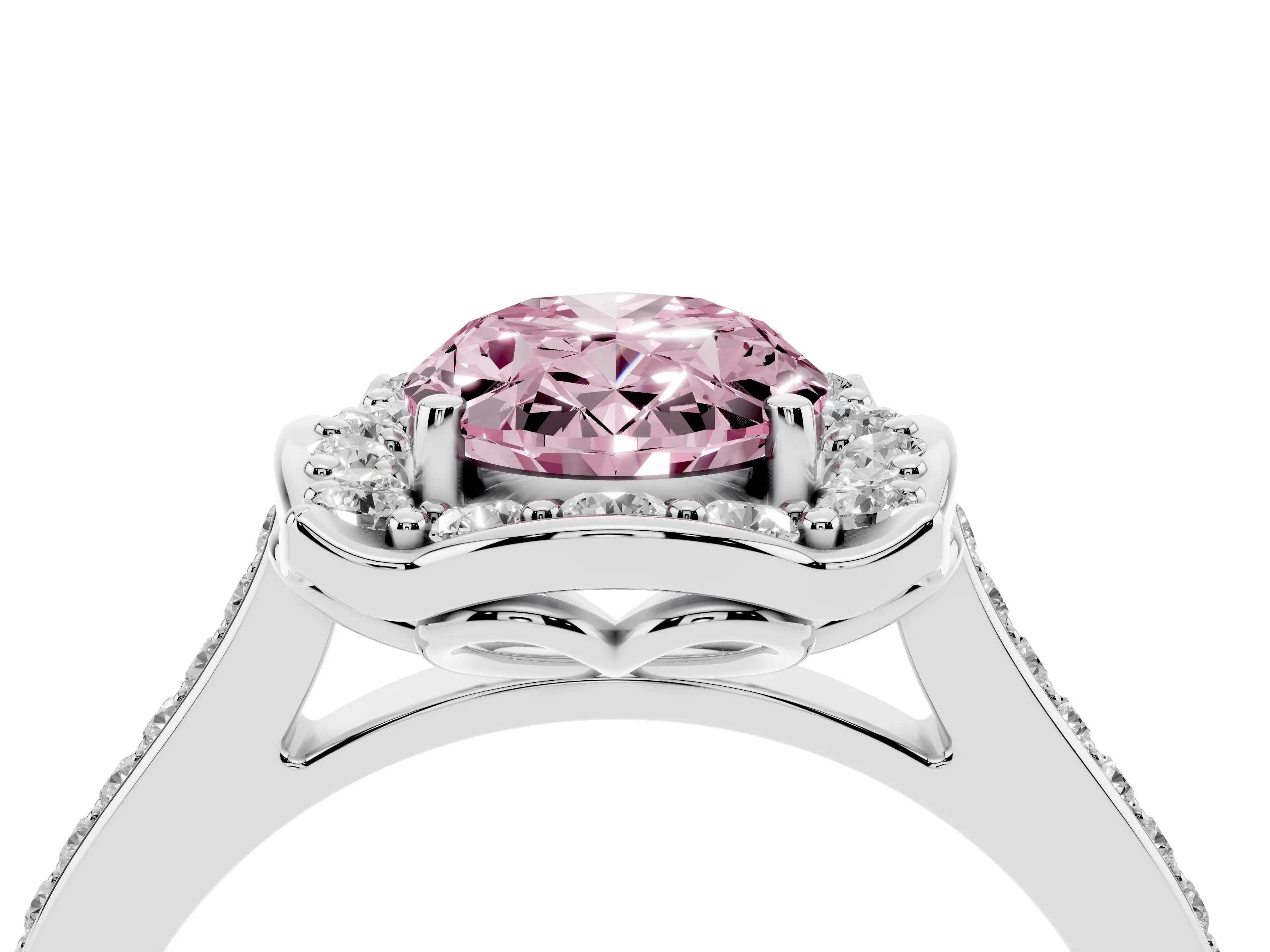 Fancy Pink Oval Cut Diamond Halo Ring Set in Silver with Pavé-Lined Shoulders and Prong Setting