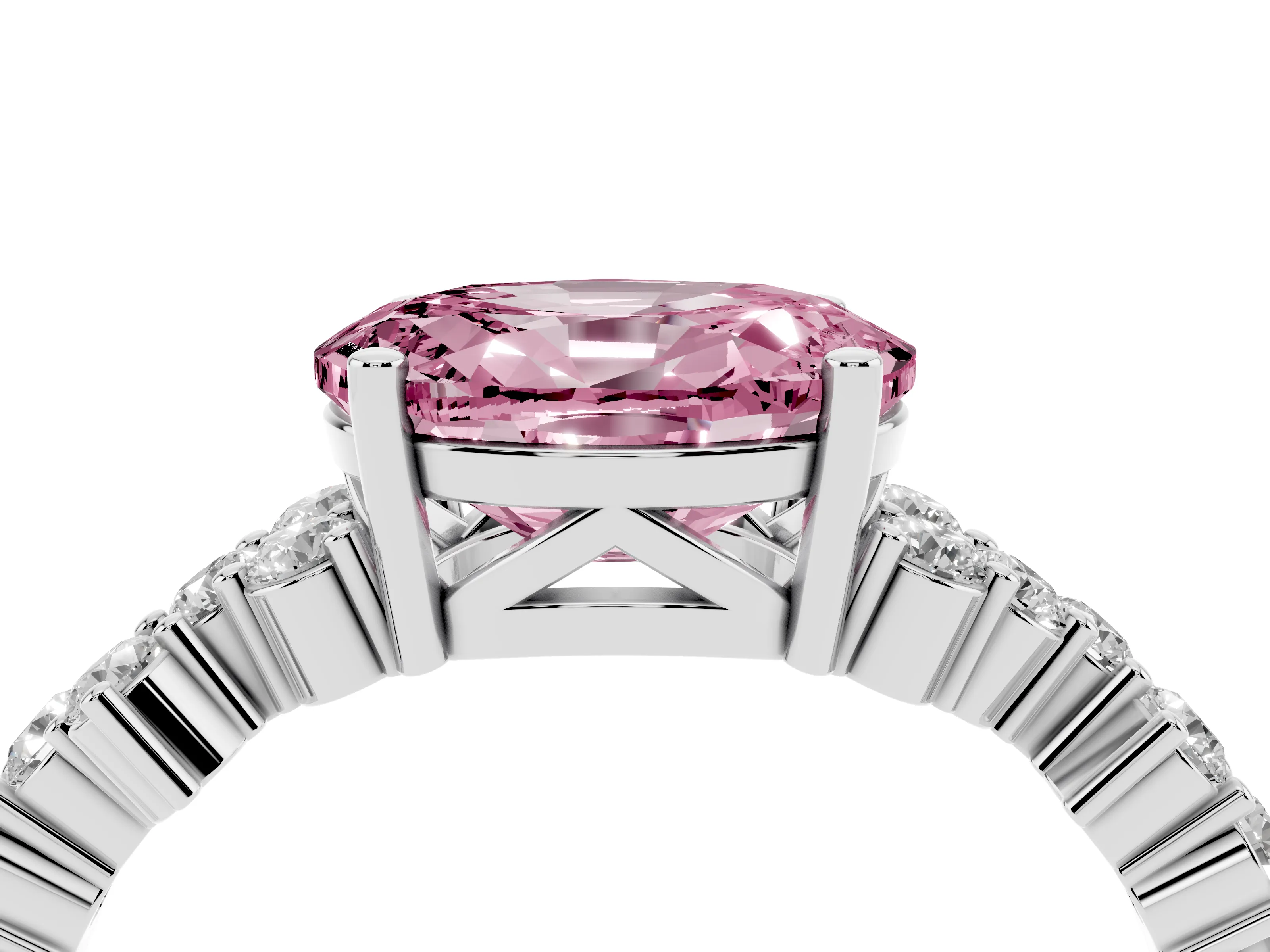 Fancy Pink Oval Cut Diamond Ring Set in Platinum with Scattered Round Accents