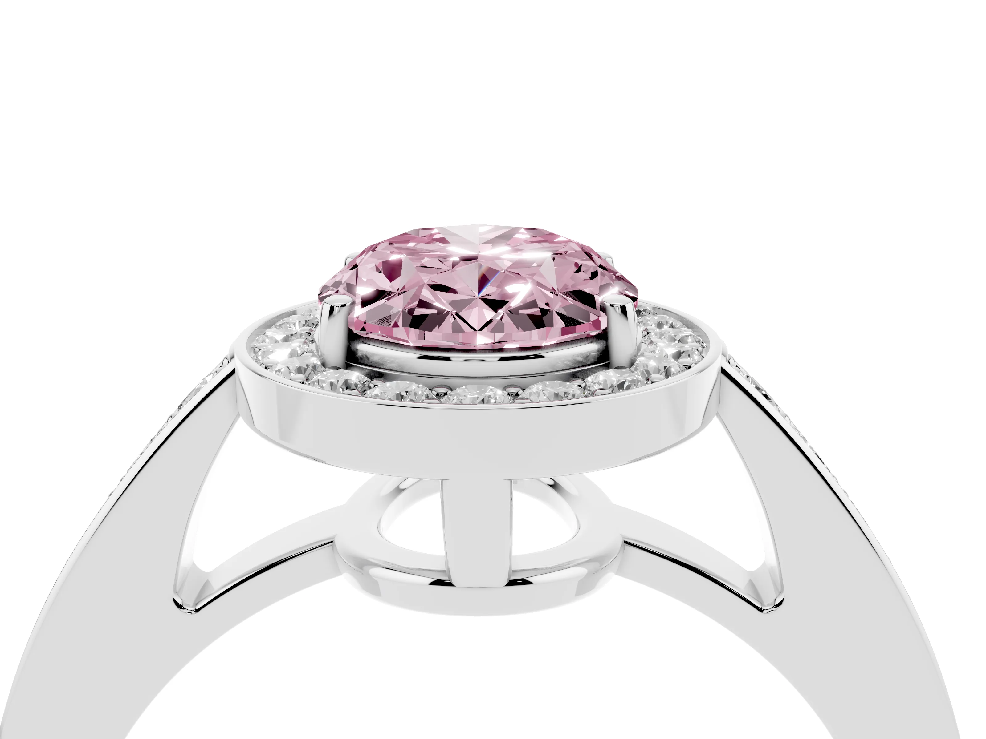 Fancy Pink Oval Cut Diamond Halo Pavé Engagement Ring Set in Platinum with Bezel Setting