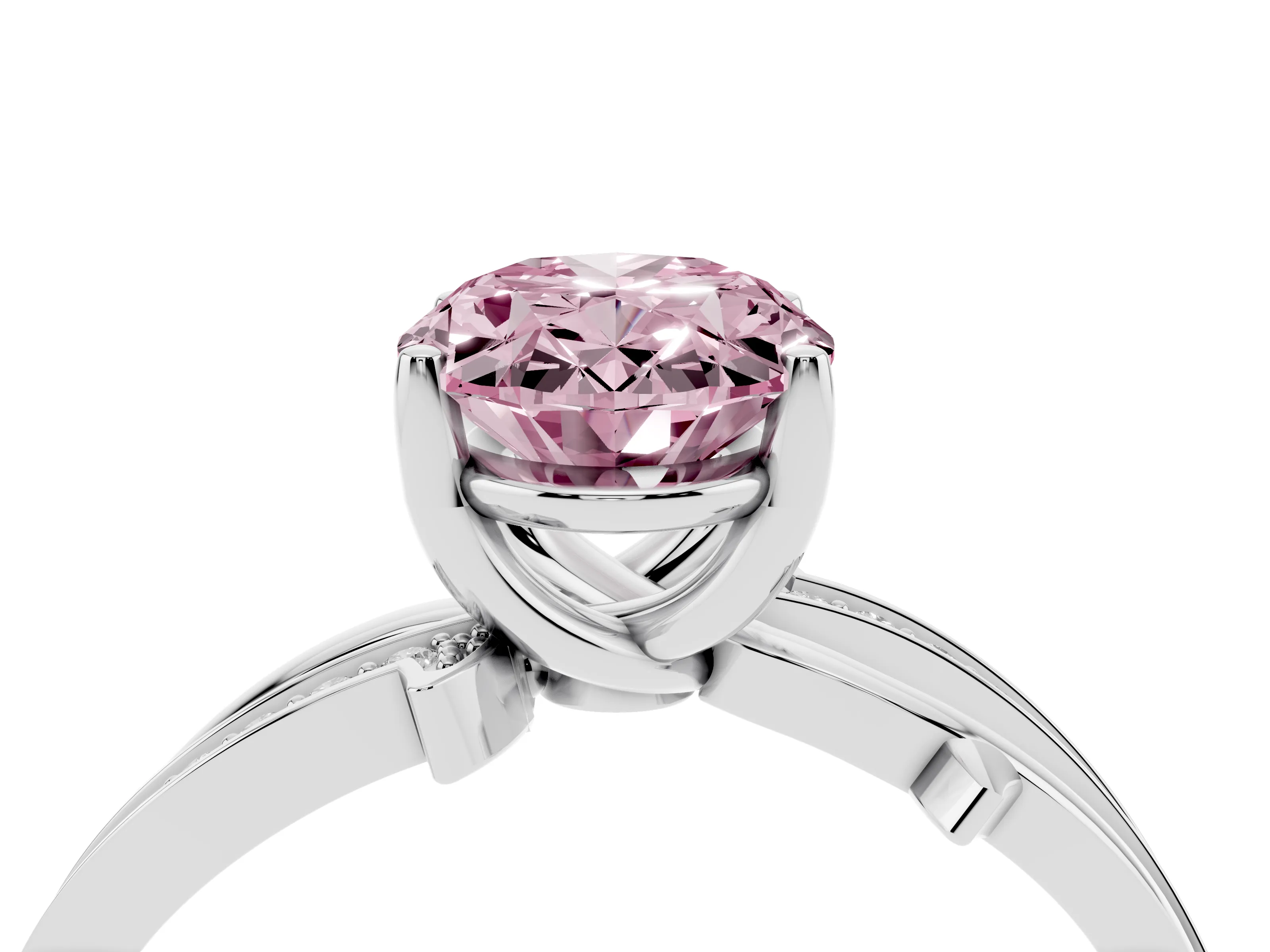 Fancy Pink Oval Cut Diamond Pavé Twist Band Solitaire Ring Set in Platinum with Prong Setting