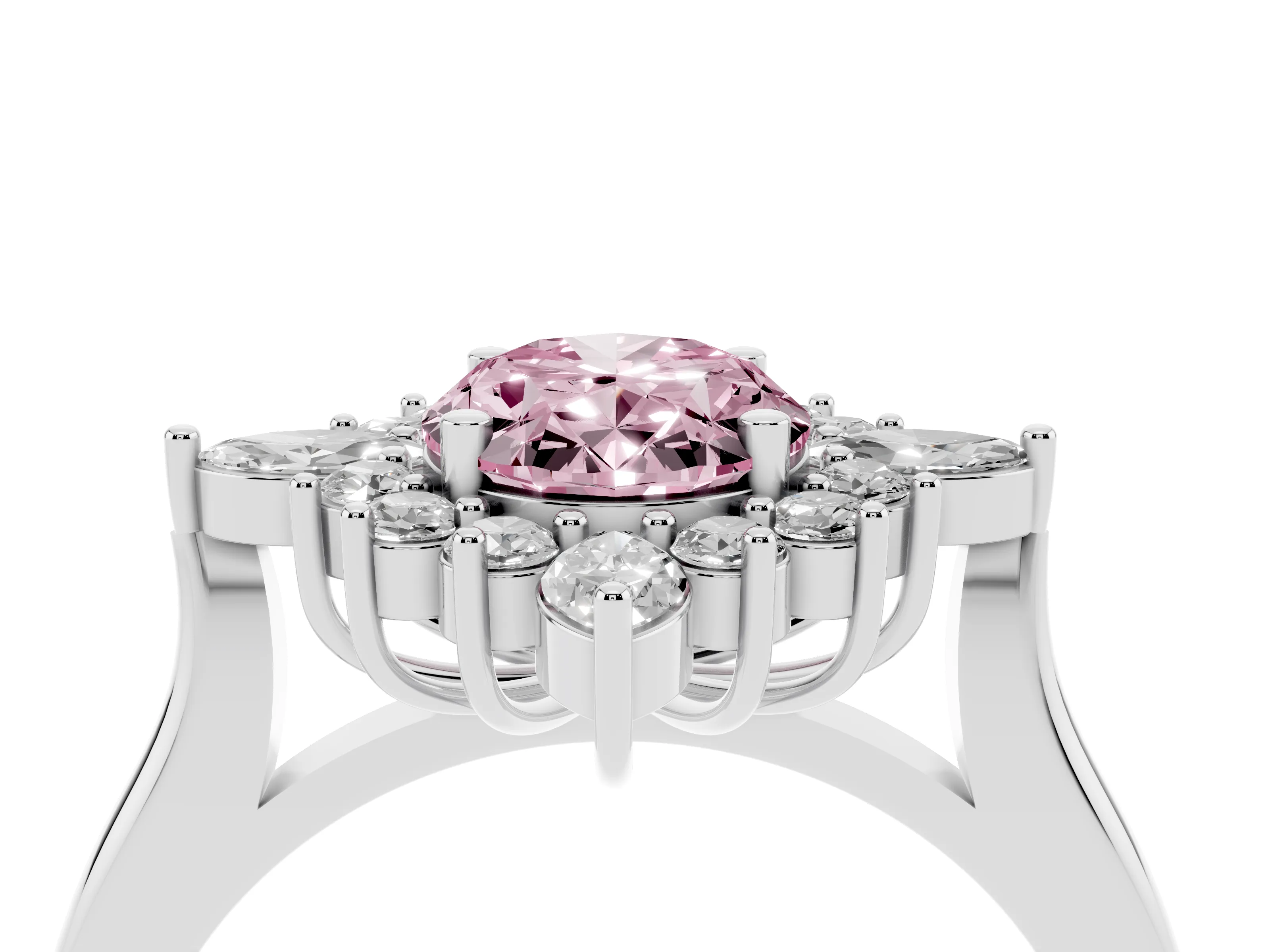 Fancy Pink Oval Cut Diamond Cluster Halo Ring Set in White gold with Marquise and Round Accents