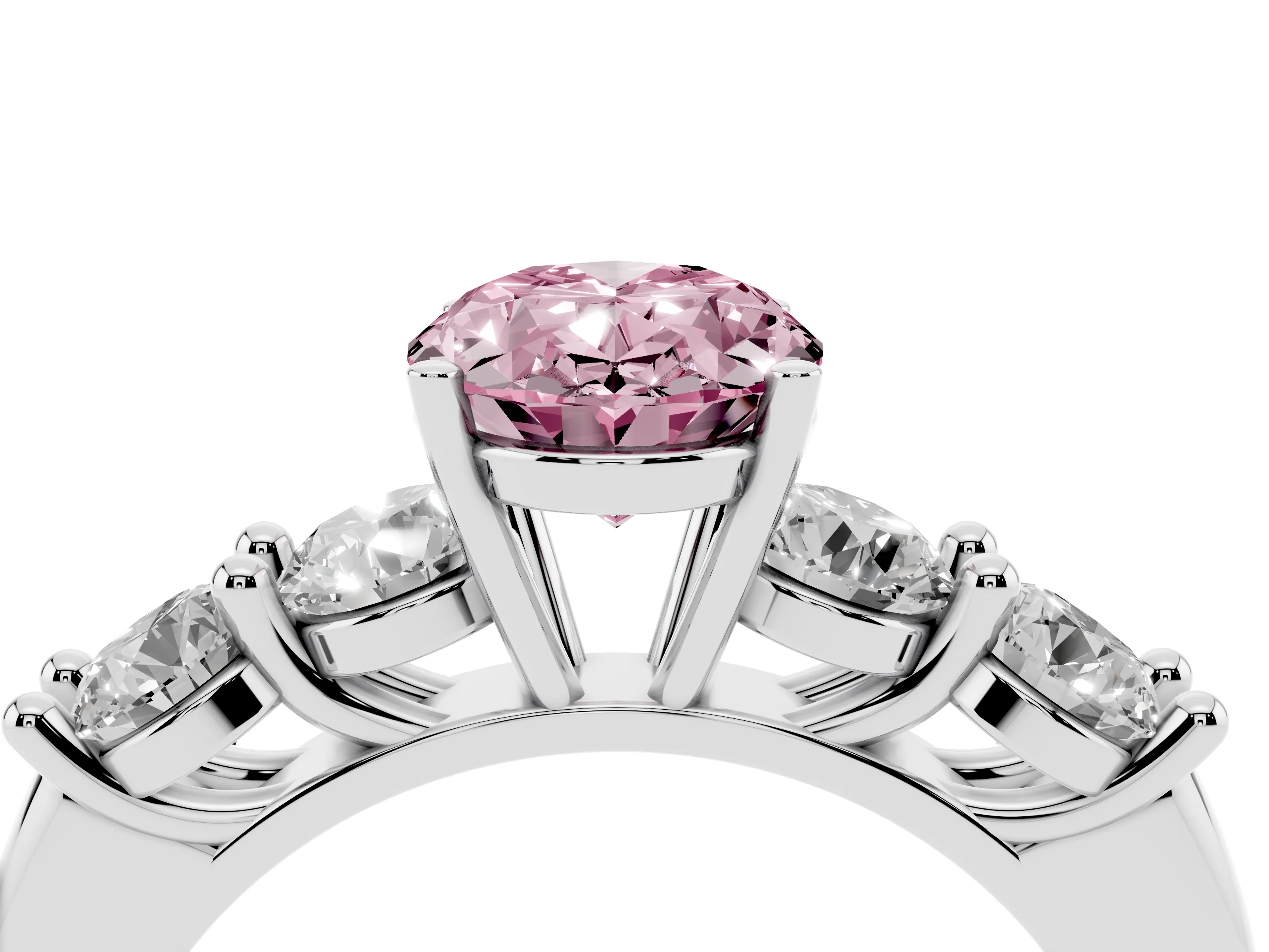 Fancy Pink Oval Cut Diamond Five-Stone Prong Set Ring Set in Silver with Classic Band