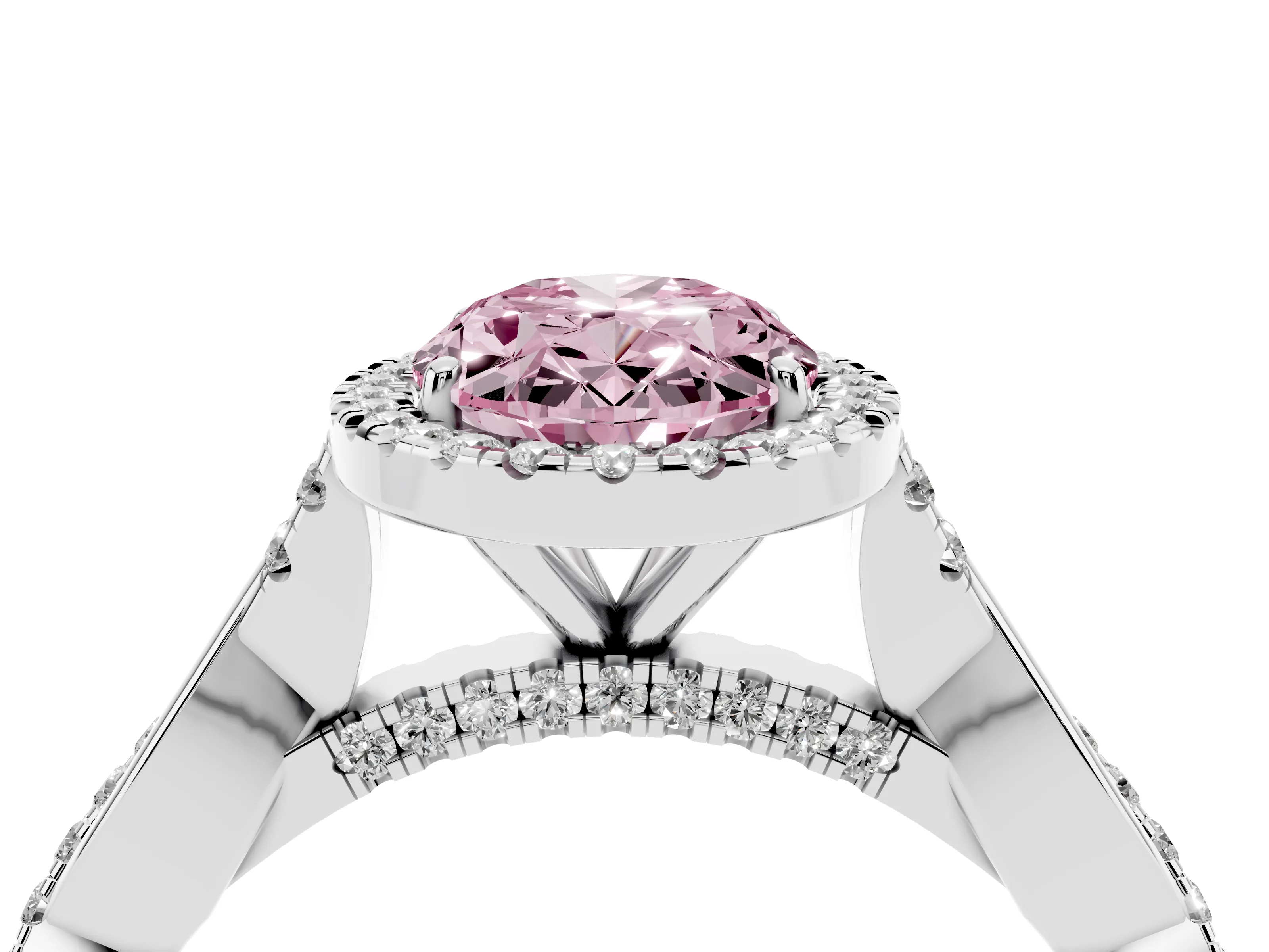 Fancy Pink Oval Cut Diamond Halo Twist Band Solitaire Ring Set in Silver with Prong Setting