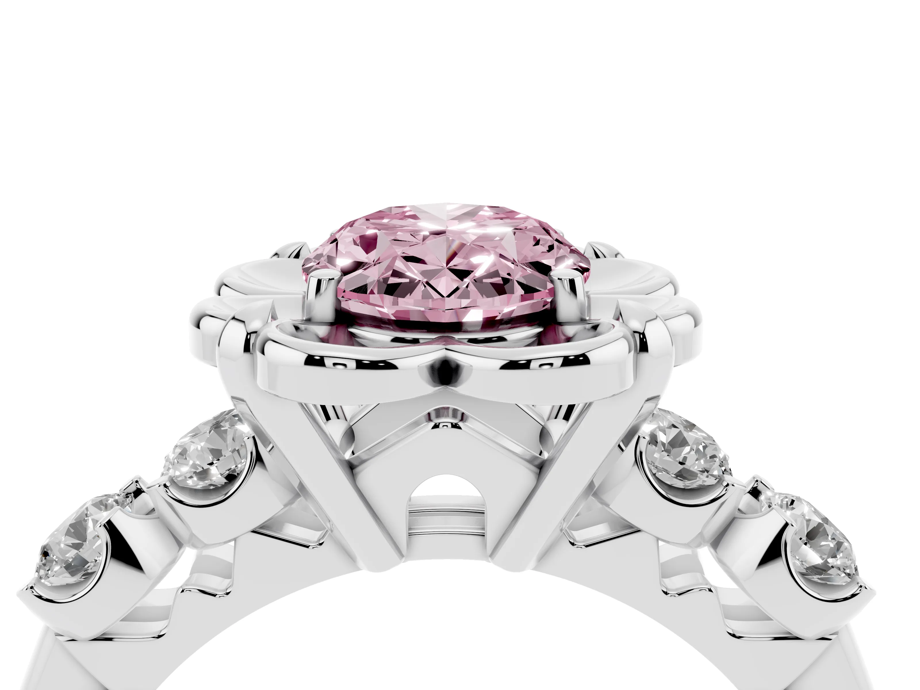 Fancy Pink Oval Cut Diamond Floral Halo Ring Set in Platinum with Shared Prong Band