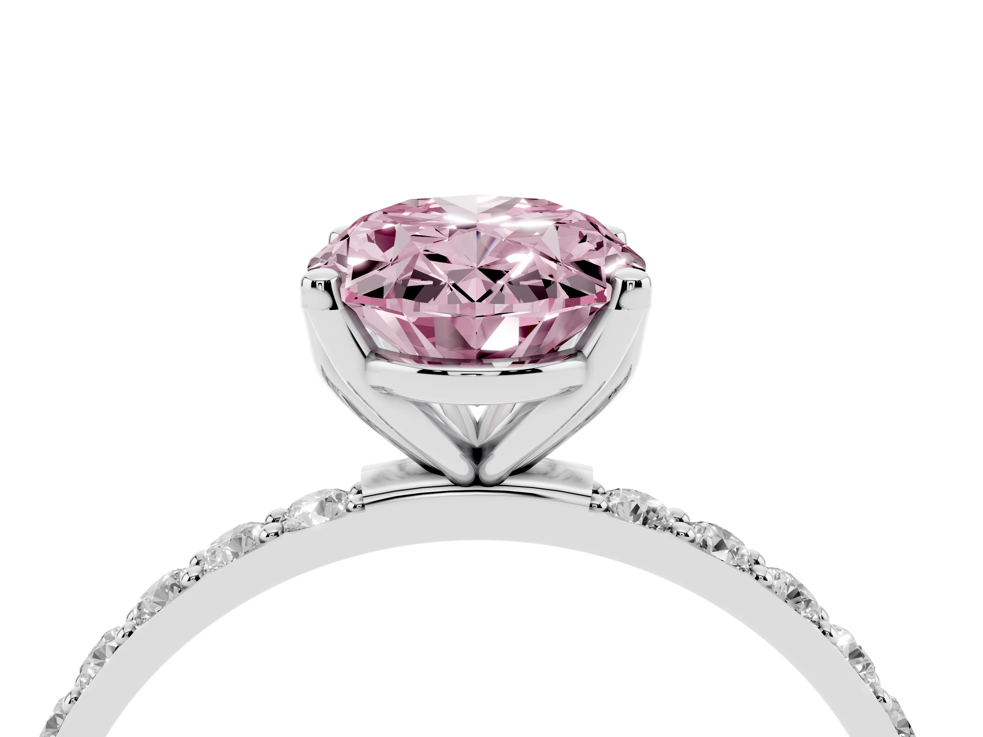 Fancy Pink Oval Cut Diamond Solitaire Engagement Ring Set in Platinum with Round Pavé Band and Prong Setting