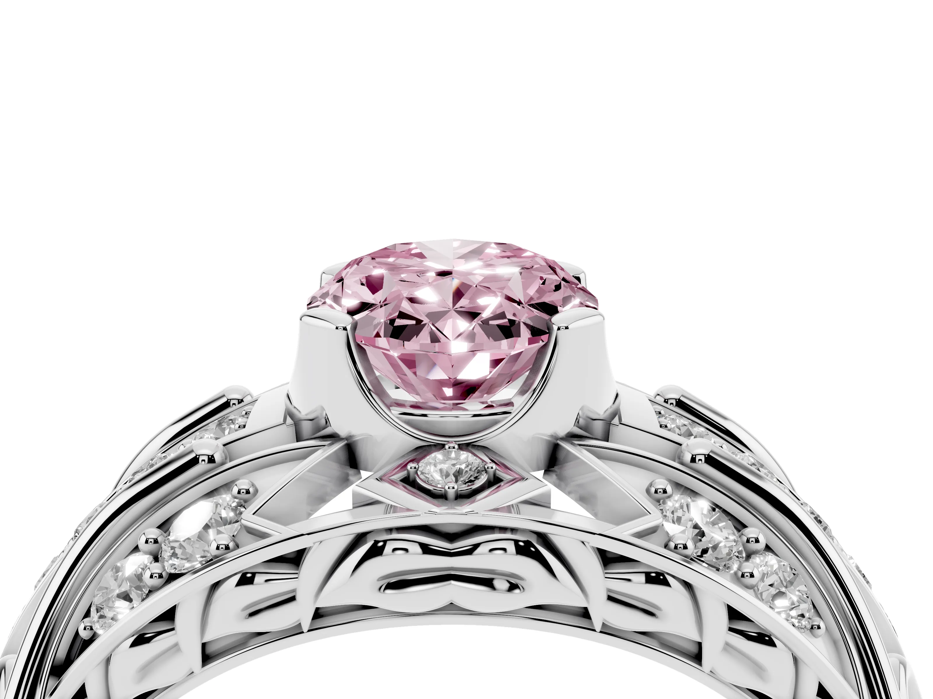 Fancy Pink Oval Cut Diamond Art Deco Ring Set in Silver with Pavé Split Shank