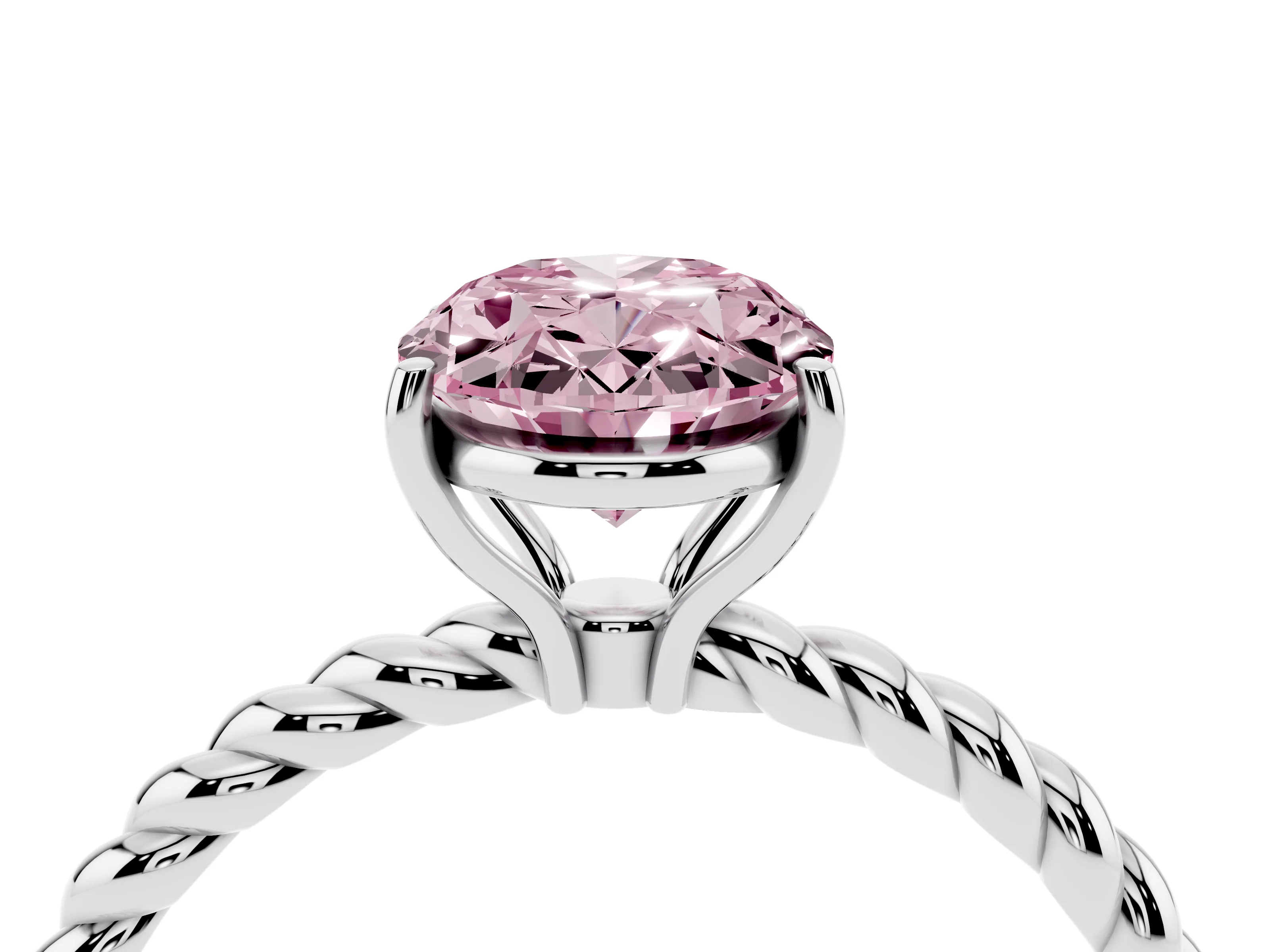 Fancy Pink Oval Cut Diamond Solitaire Ring Set in Platinum with Twist Band and Prong Setting