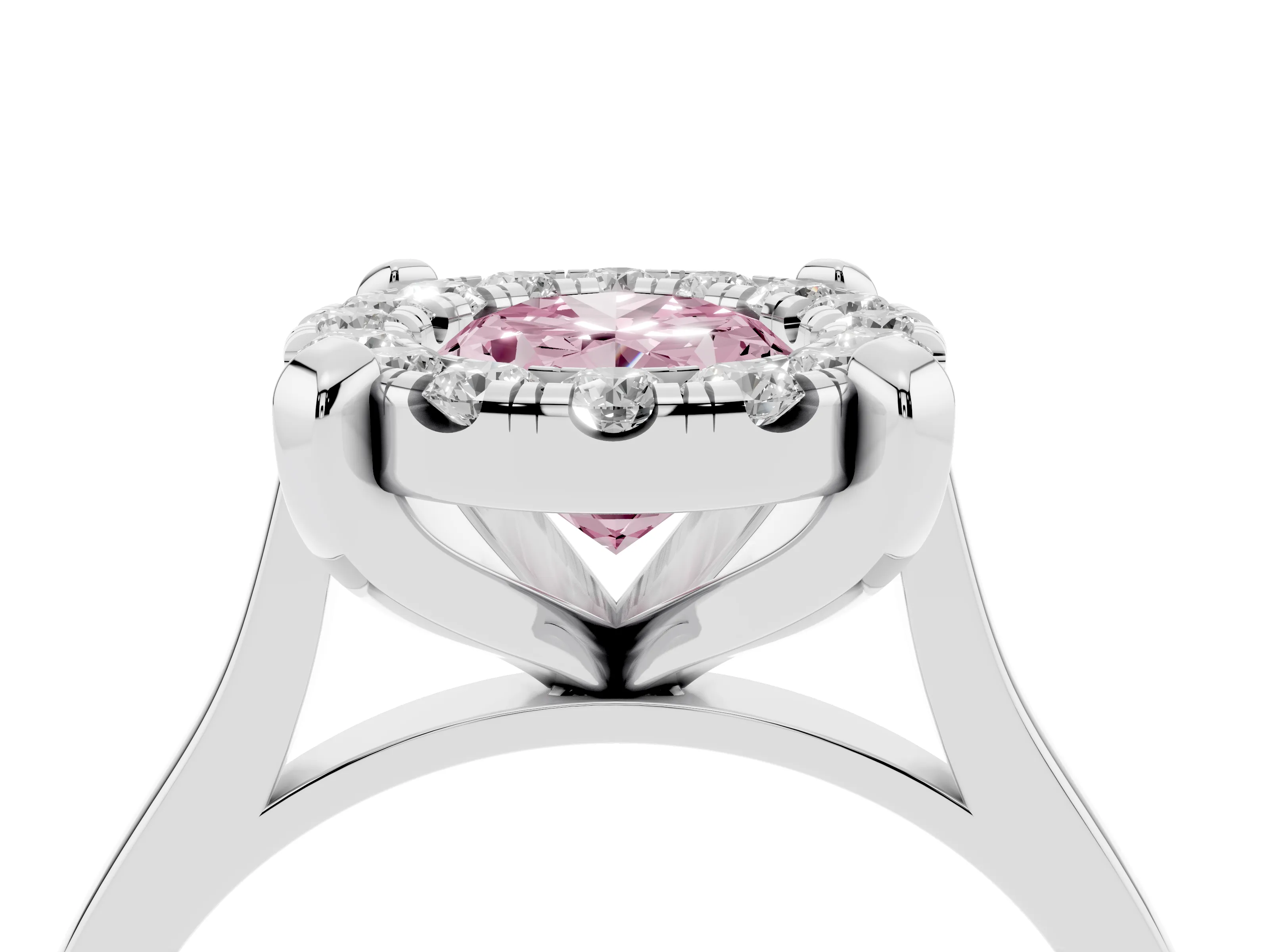 Fancy Pink Oval Cut Diamond Cluster Halo Solitaire Ring Set in Silver with Prong Setting