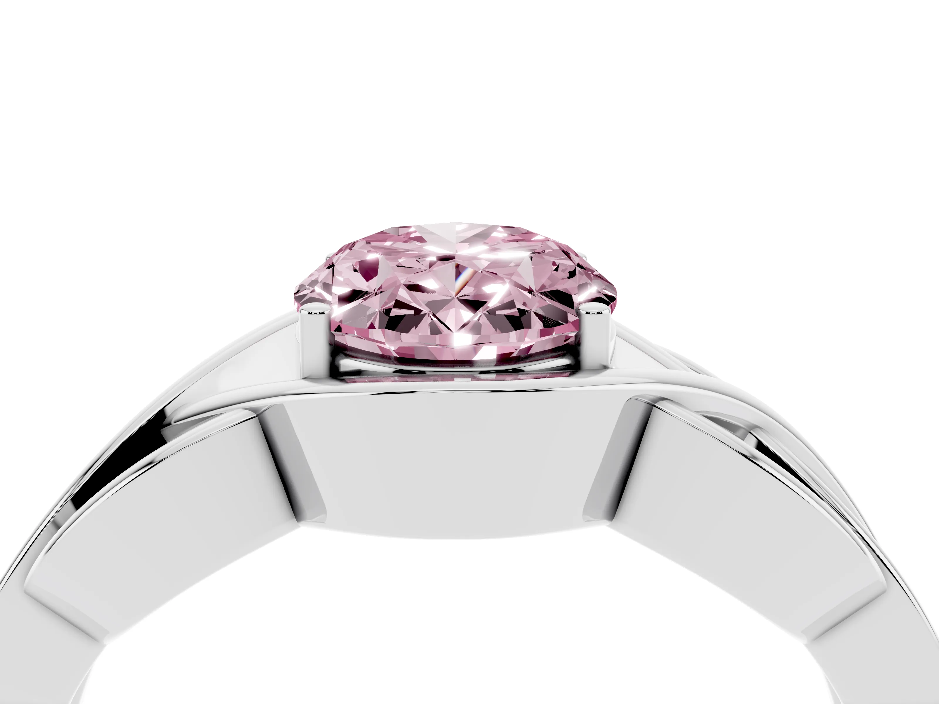 Fancy Pink Oval Cut Diamond Solitaire Ring Set in Platinum with Intertwined Band