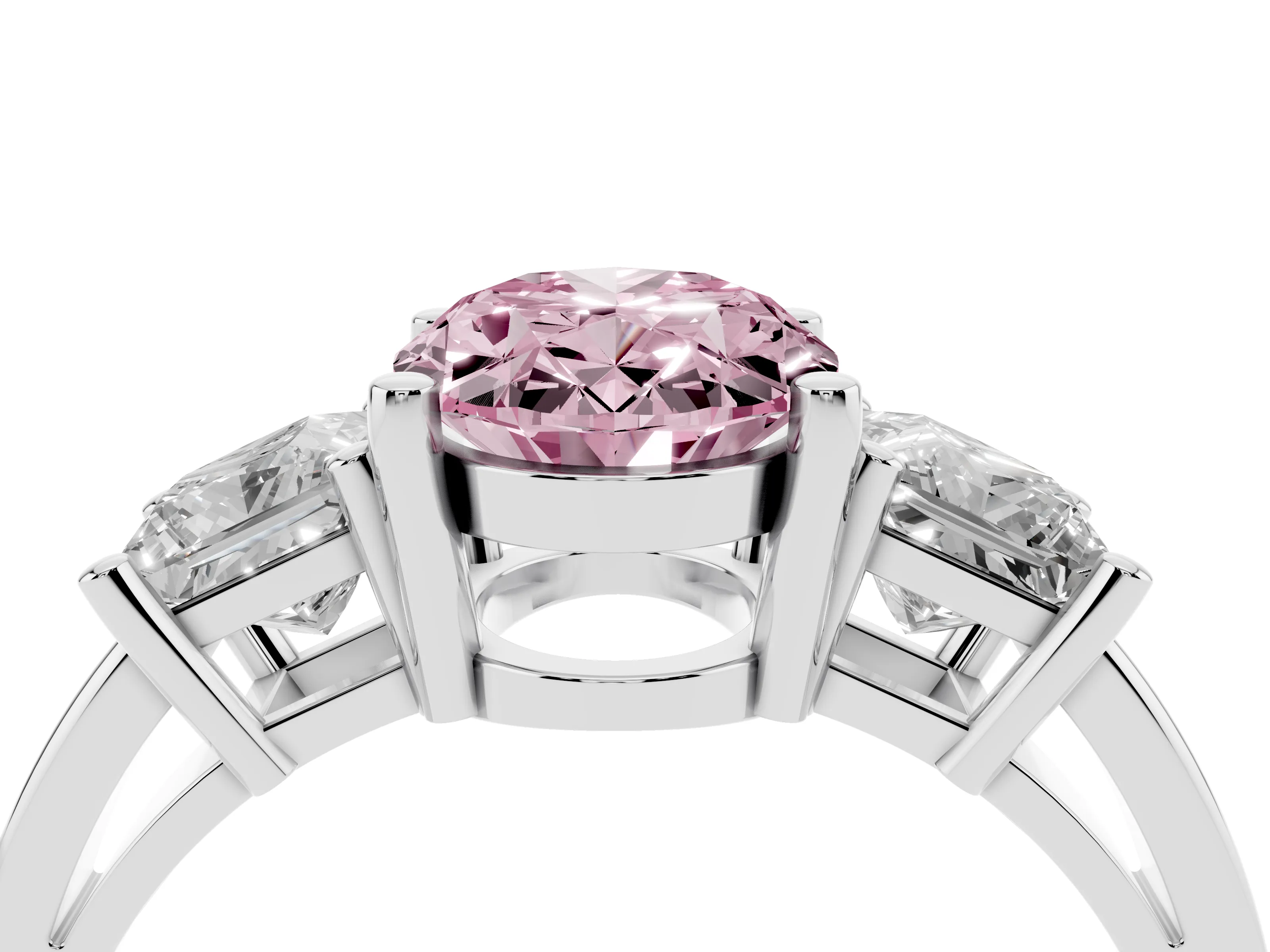Fancy Pink Three-Stone Oval Cut Diamond Solitaire Ring Set in Platinum with Prong Setting
