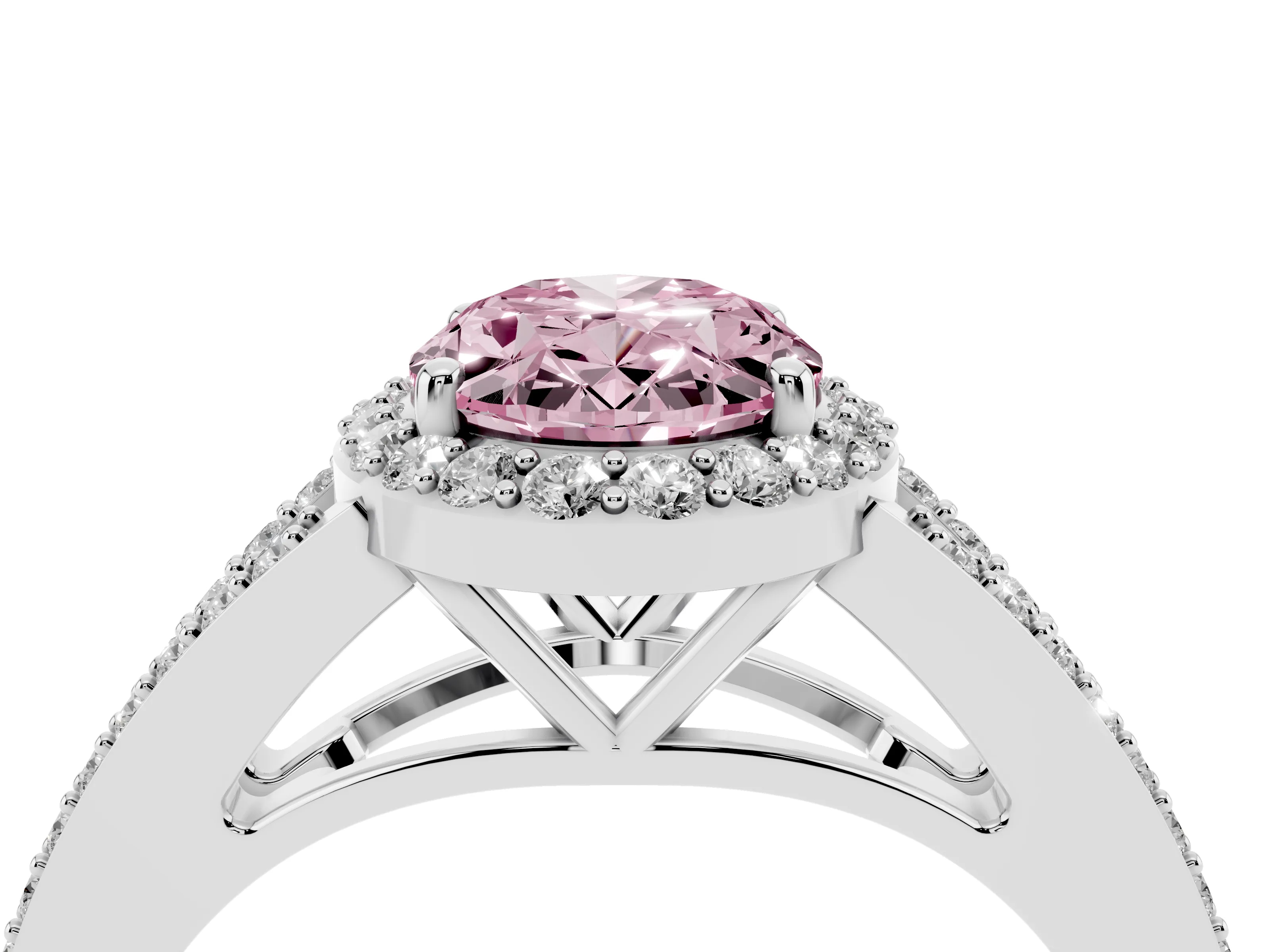 Fancy Pink Oval Cut Diamond Halo Split Shank Ring Set in White gold with Accent Stones and Prong Setting