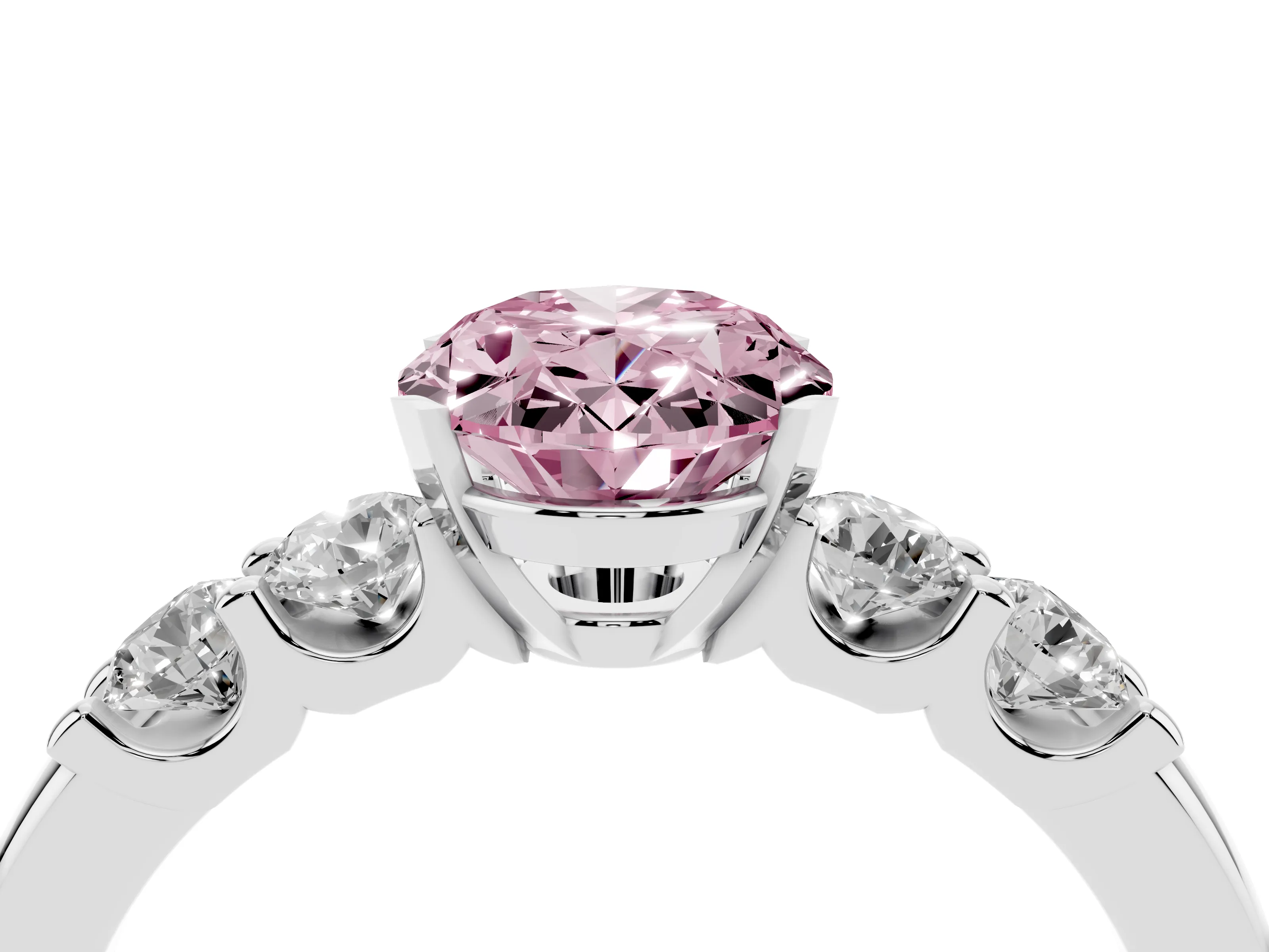 Fancy Pink Oval Cut Diamond Five-Stone Prong Set Engagement Ring Set in Platinum with Channel Band
