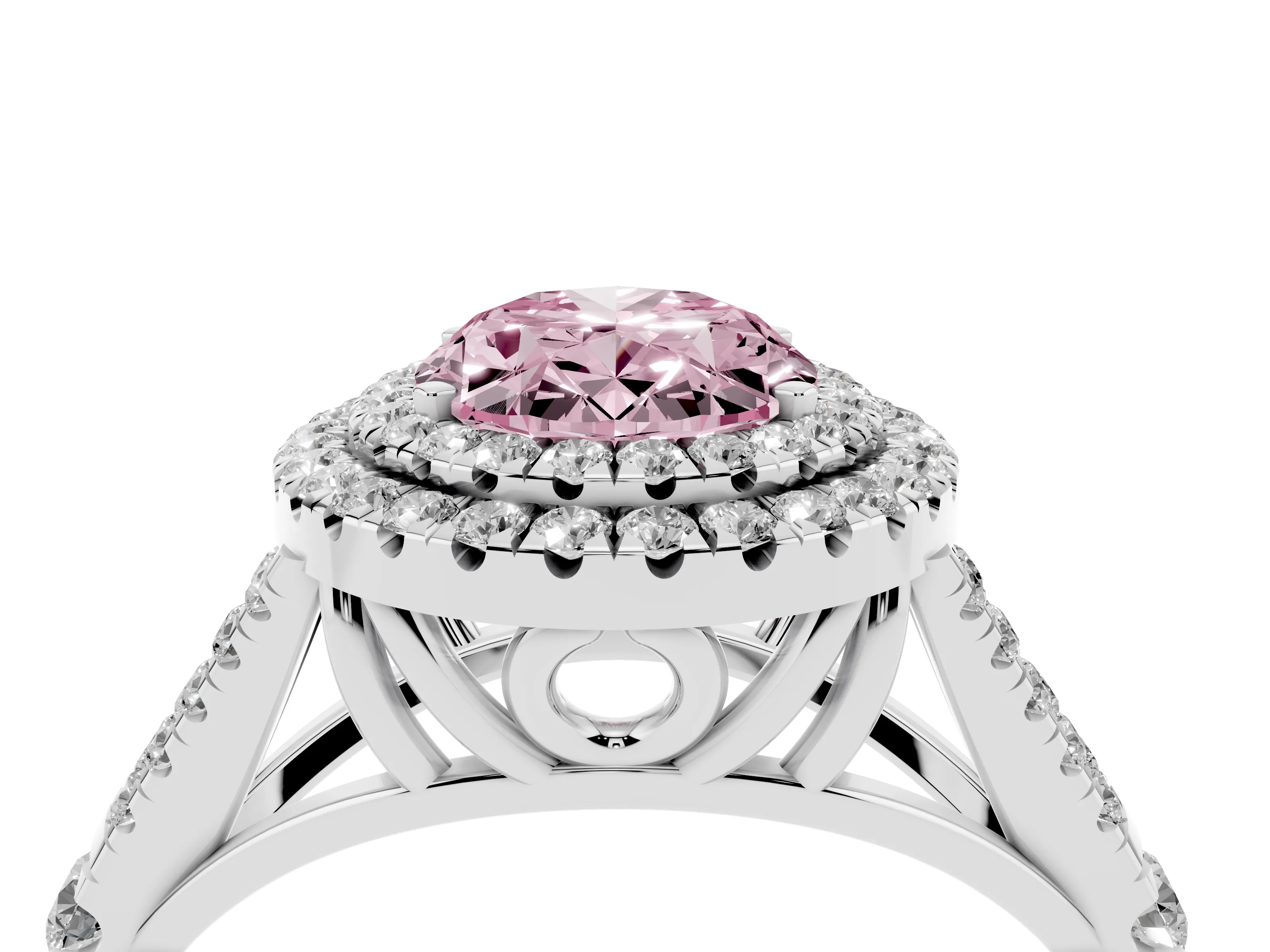 Fancy Pink Oval Cut Diamond Pavé Split Shank Double Halo Engagement Ring Set in Silver