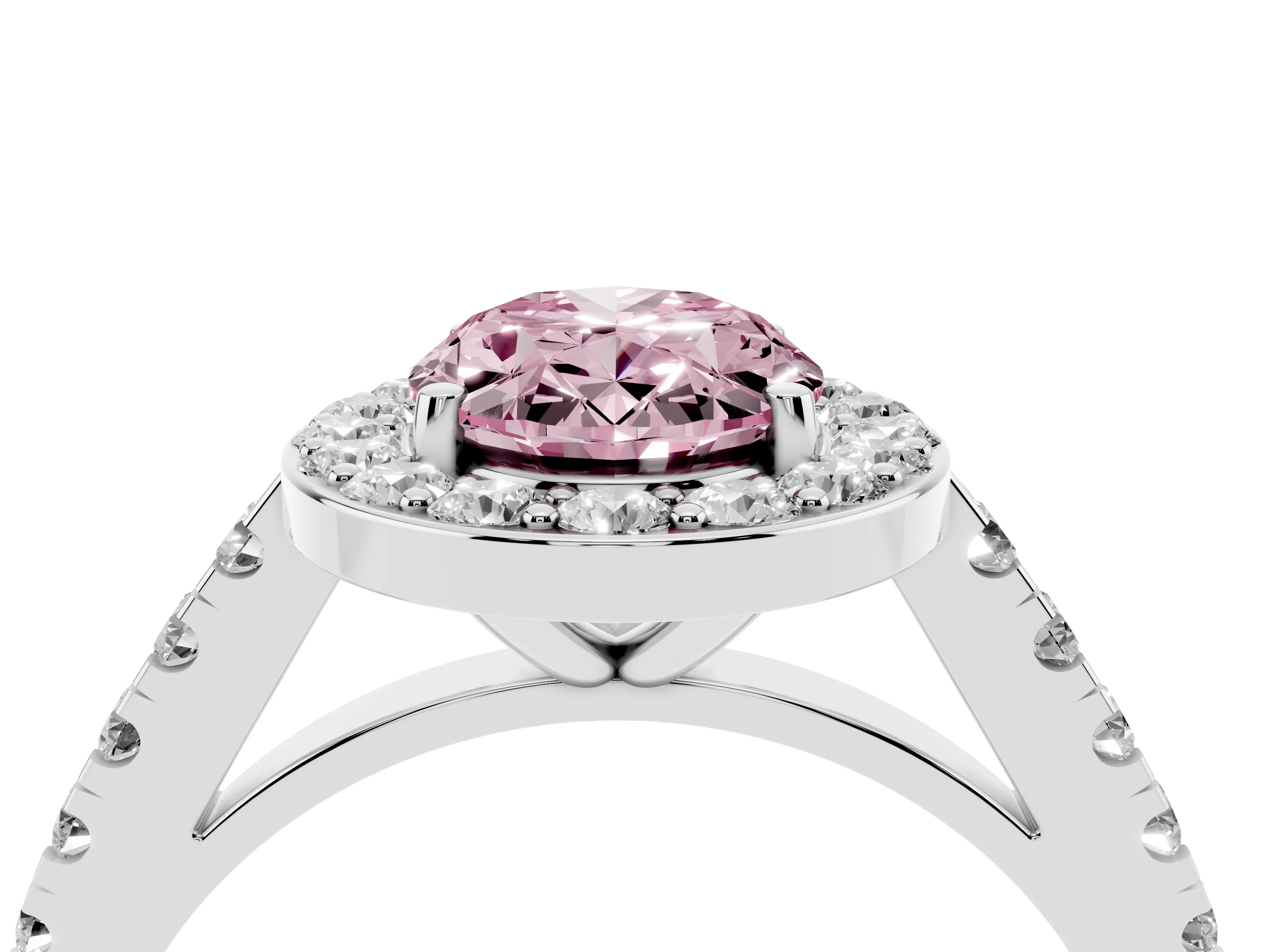 Fancy Pink Oval Cut Diamond Halo Ring Set in Silver with Round Pavé Split Shank and Prong Setting
