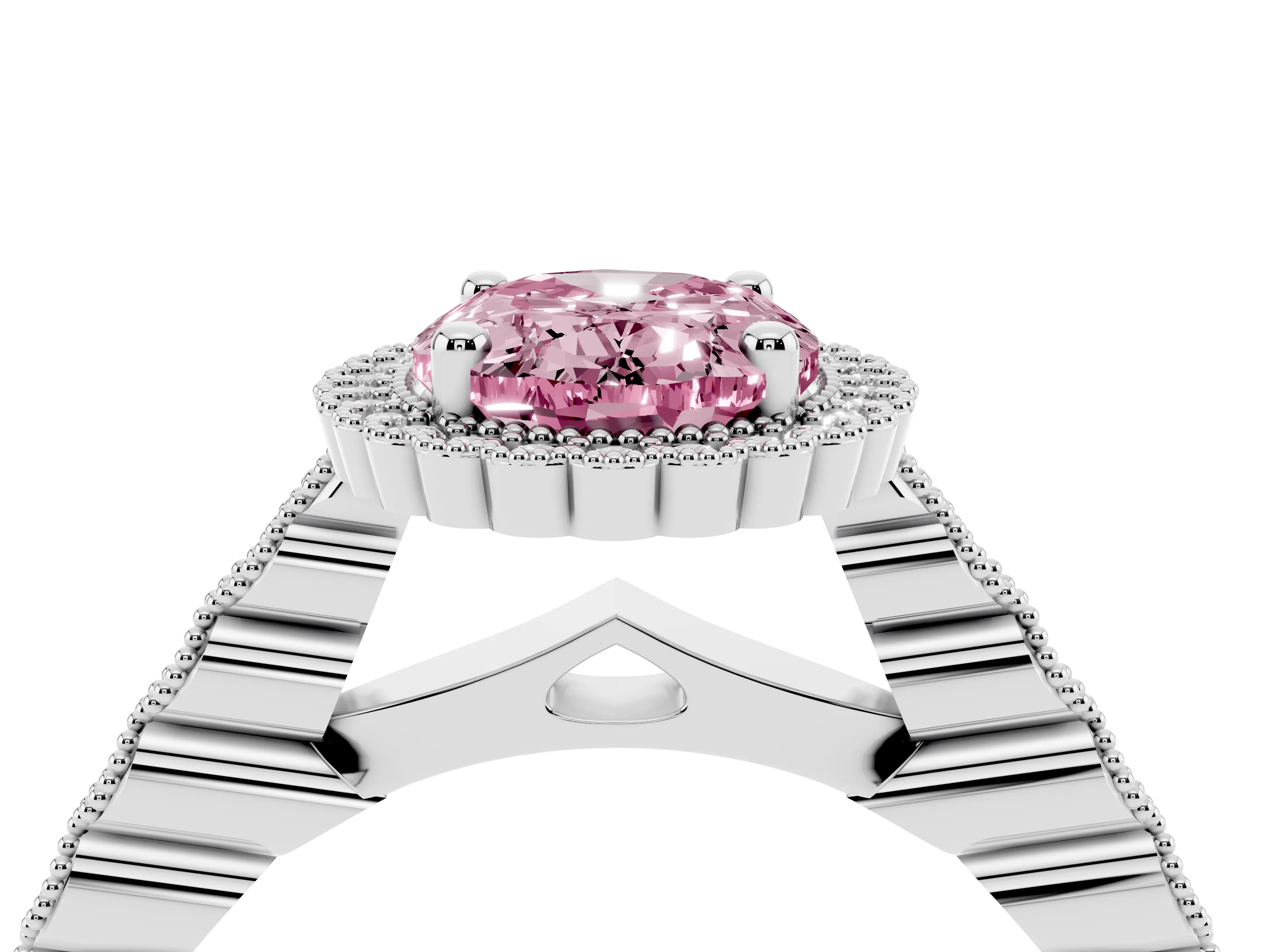 Fancy Pink Oval Cut Diamond Halo Ring Set in Silver with Pavé Milgrain Band