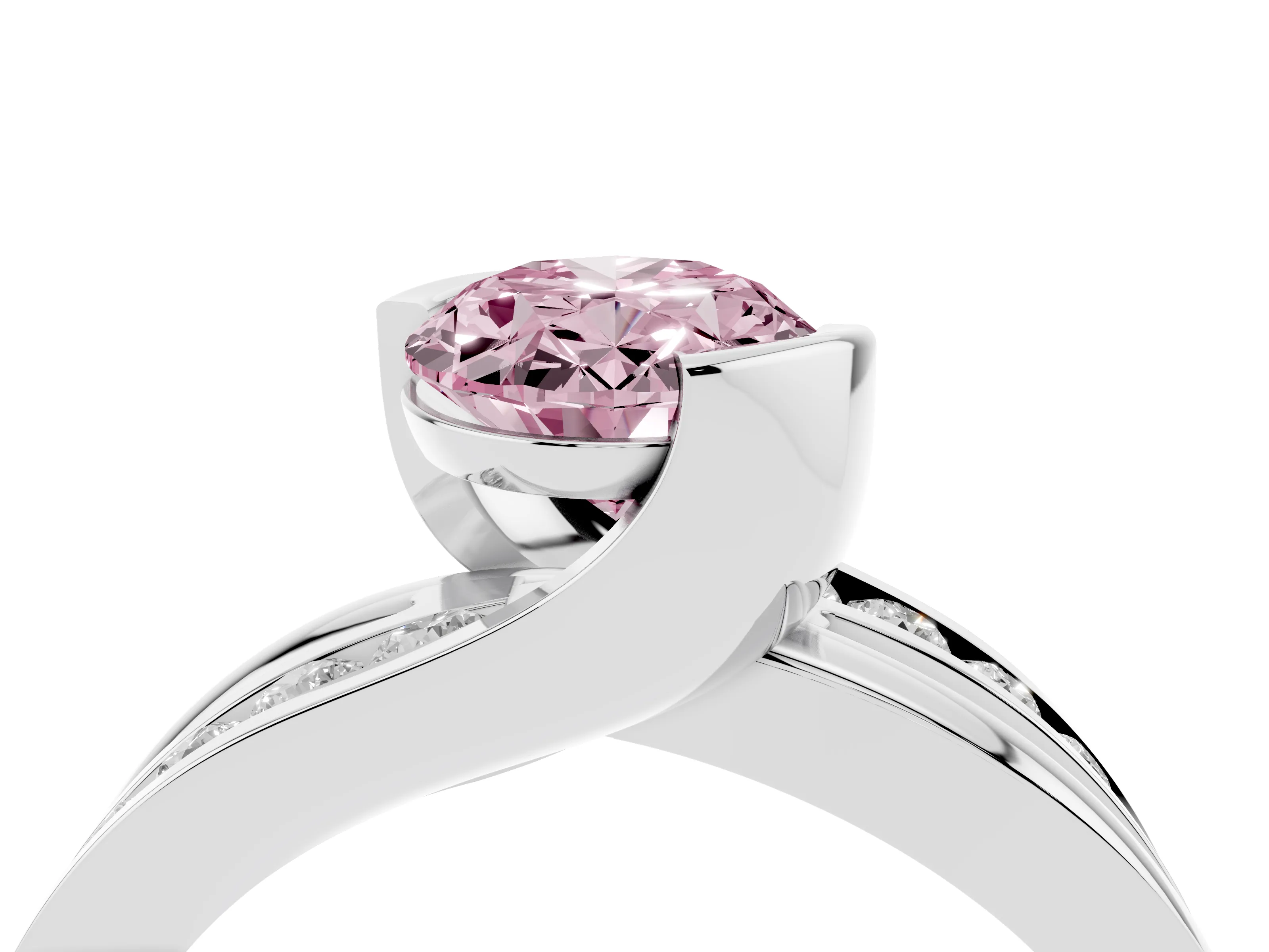 Fancy Pink Oval Cut Diamond Solitaire Ring Set in Platinum with Channel Set Split Shank and Tension Prongs