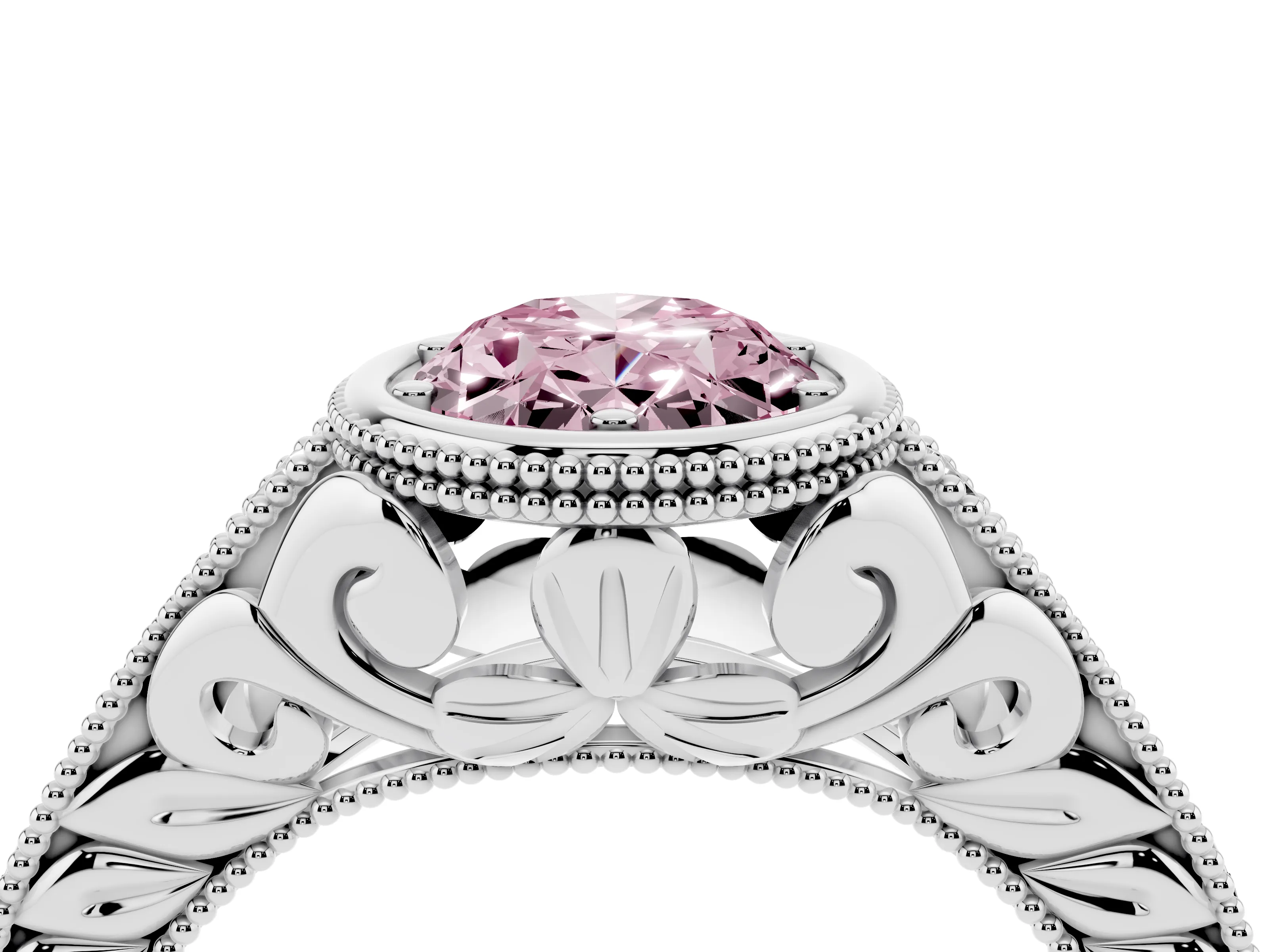 Fancy Pink Bezel Set Oval Cut Diamond Milgrain Pavé Engagement Ring Set in White gold