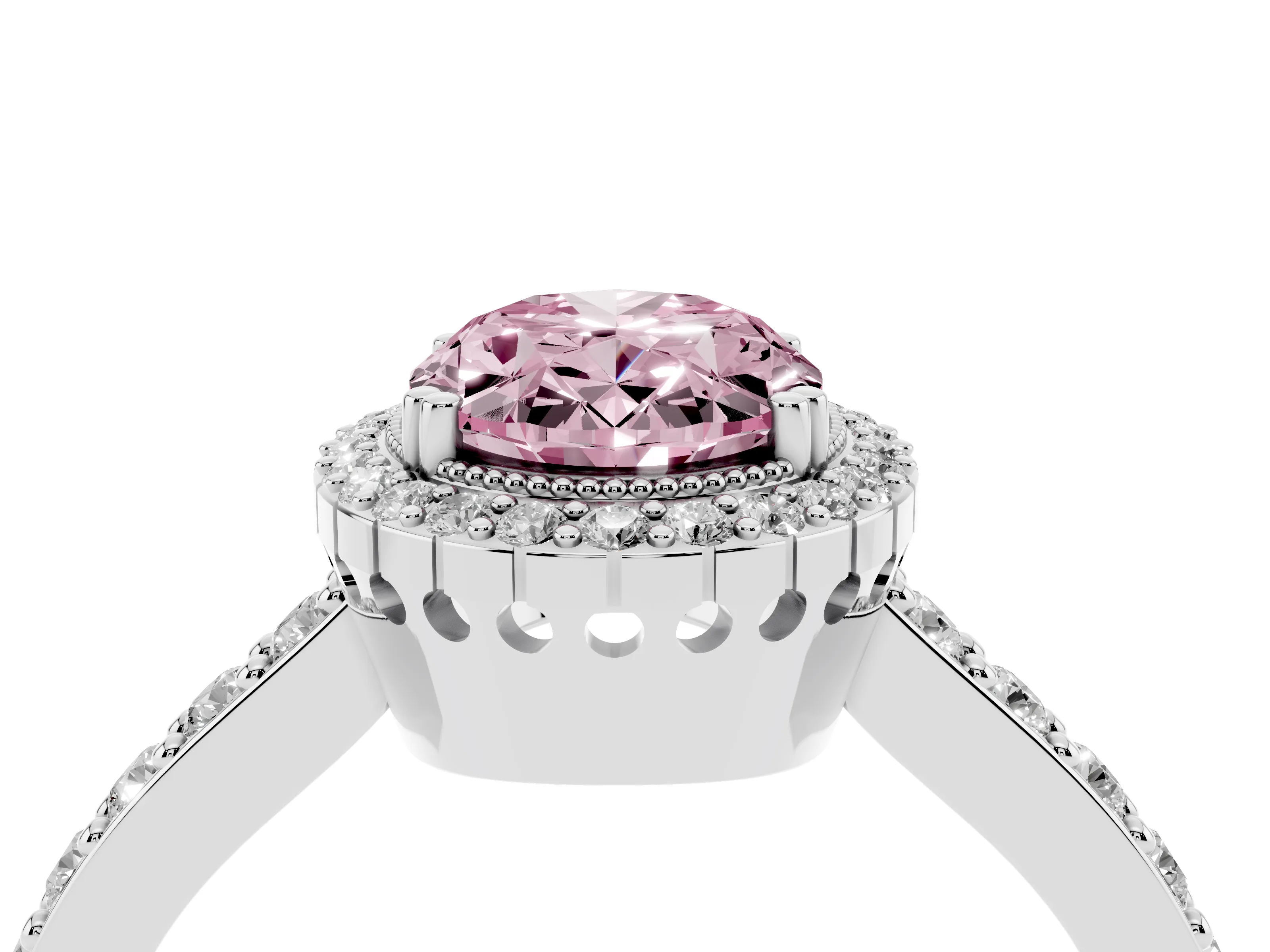 Fancy Pink Oval Cut Diamond Halo Engagement Ring Set in Platinum with Milgrain Detail and Pavé Band