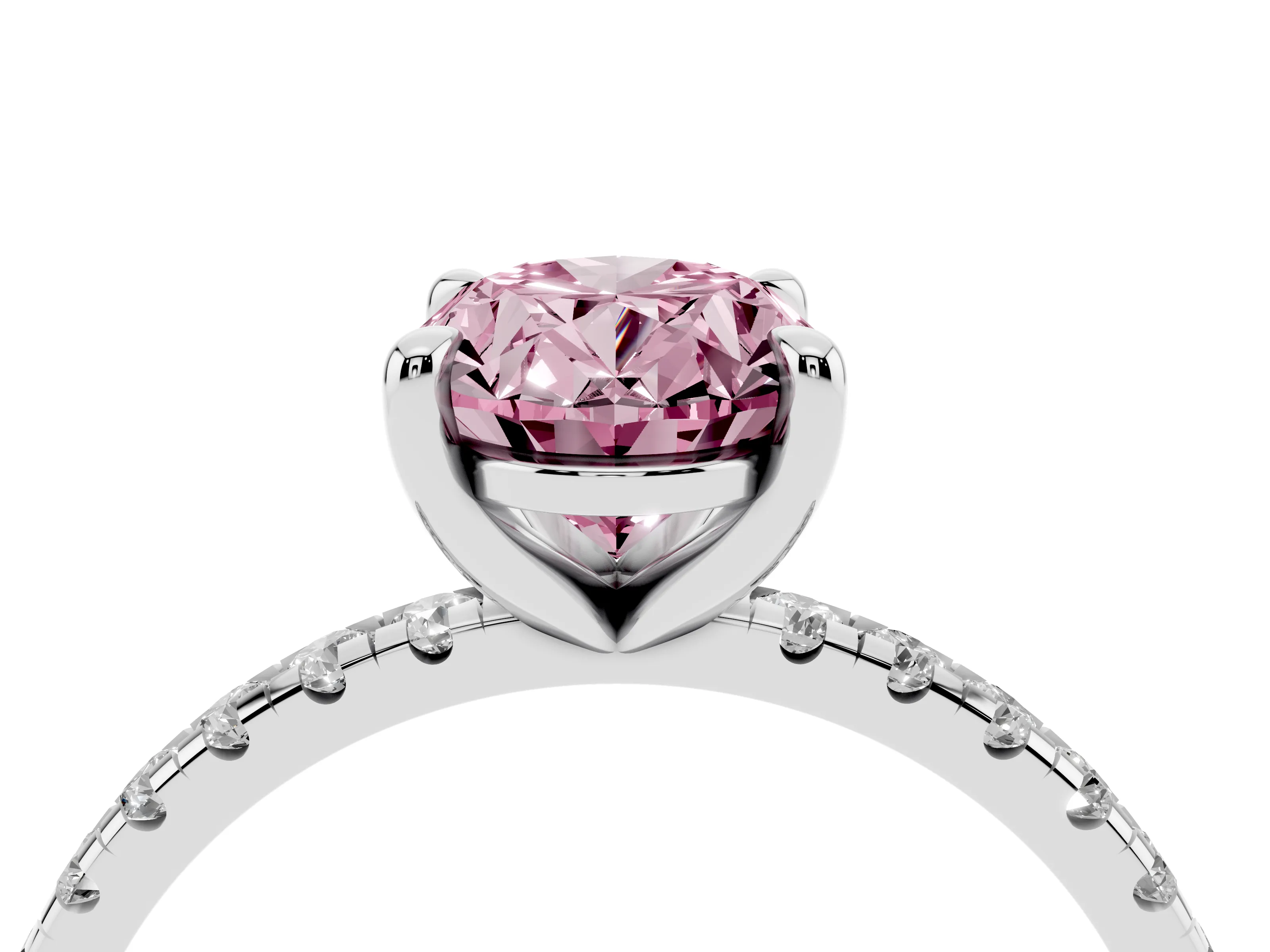 Fancy Pink Oval Cut Diamond Brilliant Solitaire Ring Set in White gold with Pavé Band and Prong Setting