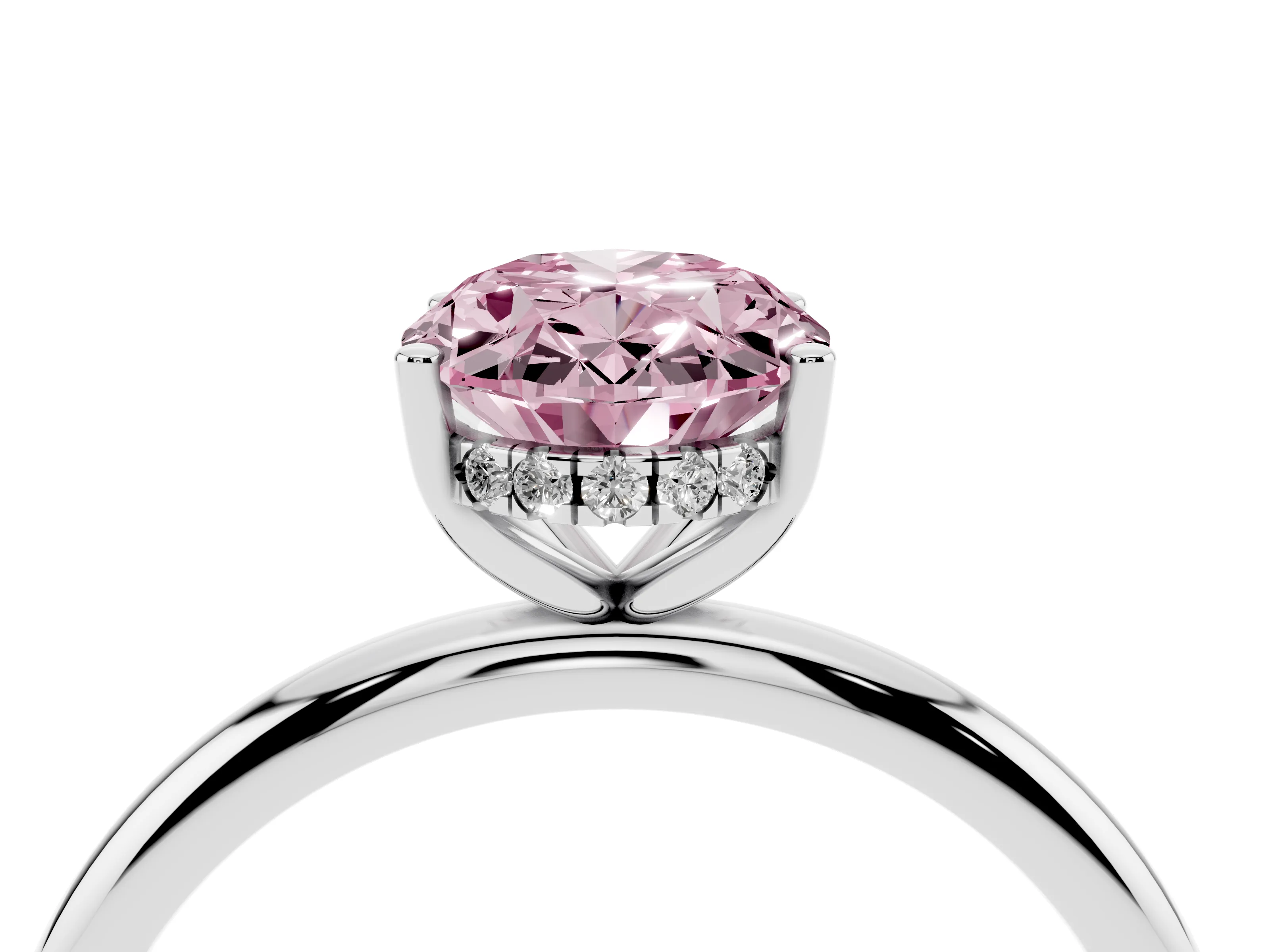 Fancy Pink Oval Cut Diamond Solitaire Engagement Ring Set in Platinum with Prong Setting and Polished Band