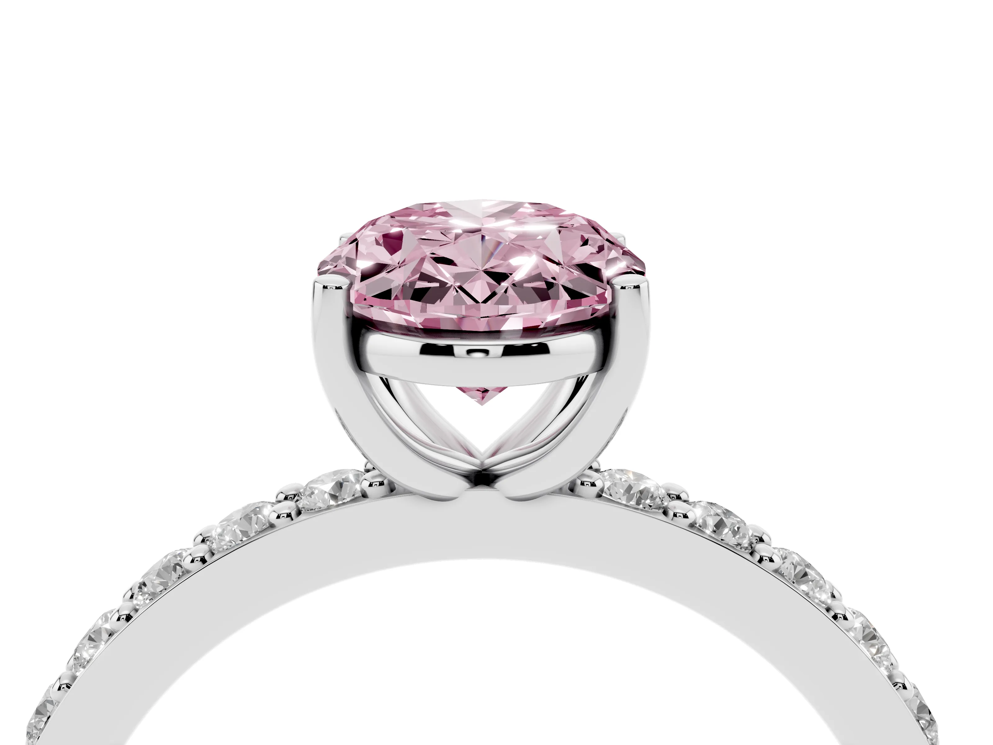 Fancy Pink Oval Cut Diamond Solitaire Set in White gold with Round Pavé Band and Prong Setting