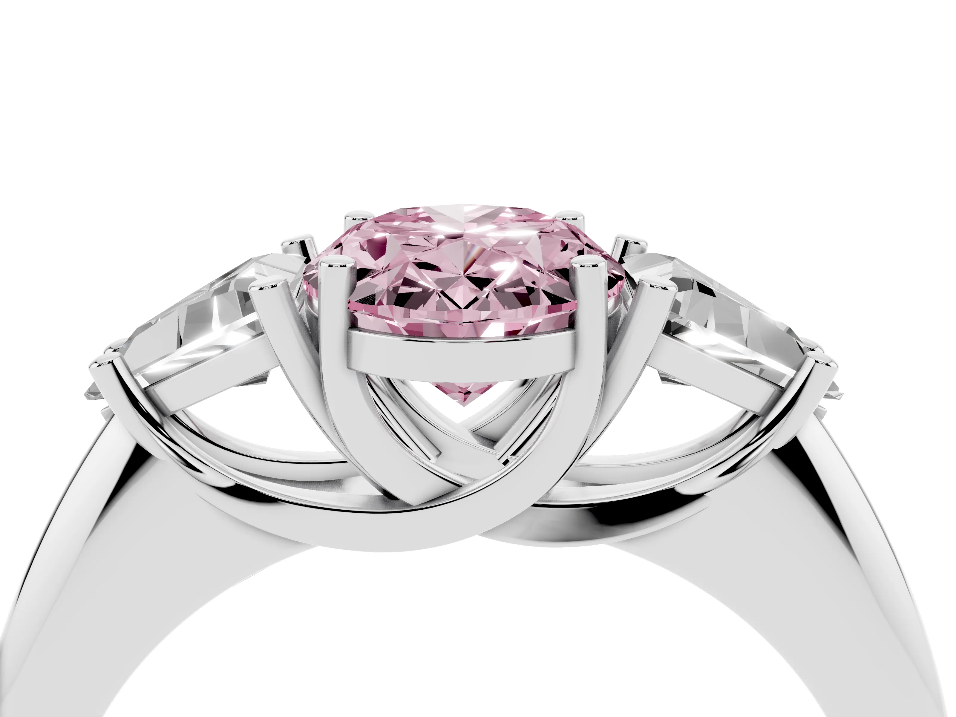 Fancy Pink Oval Cut Diamond Three-Stone Engagement Ring Set in Platinum with Trillion Side Stones