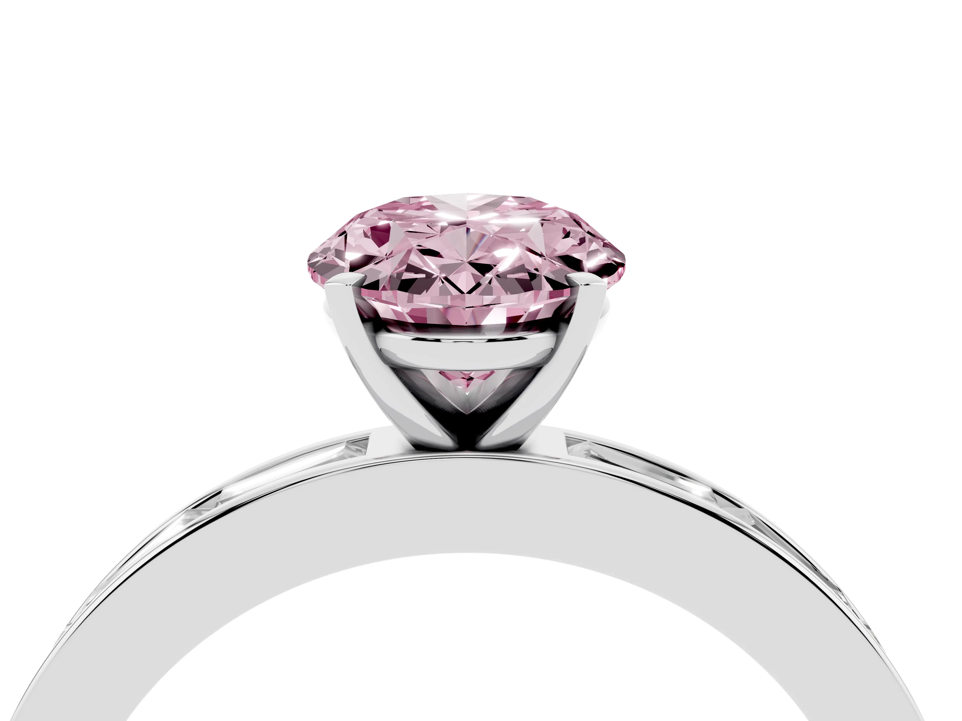 Fancy Pink Oval Cut Diamond Solitaire Ring Set in Platinum with Channel-Set Baguette Band and Prong Setting