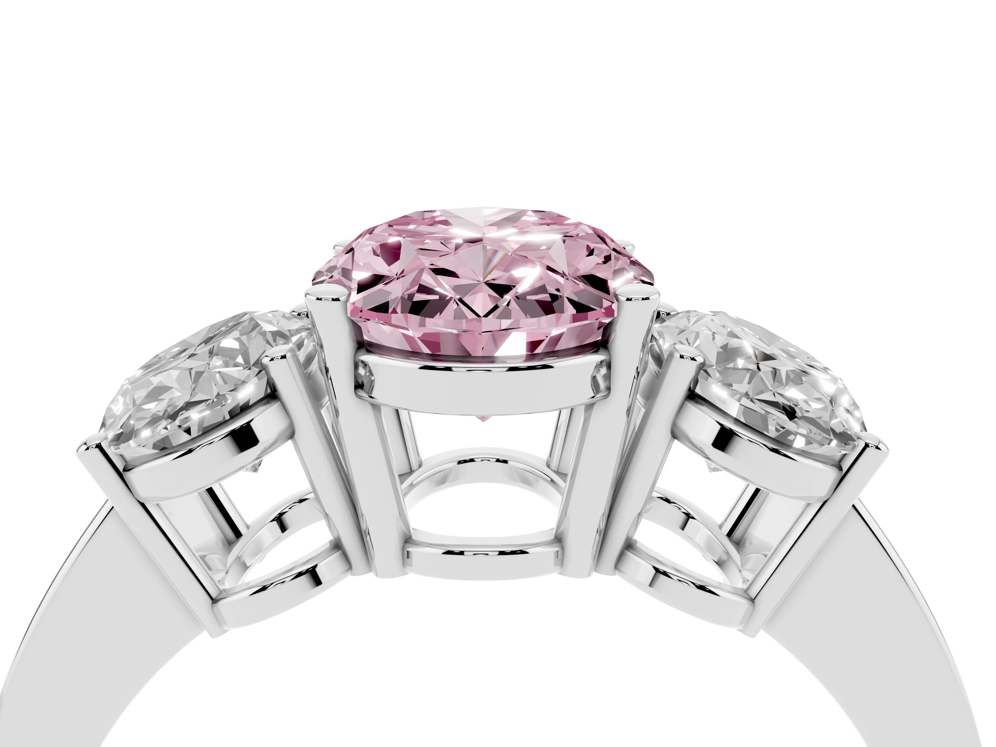 Fancy Pink Oval Cut Diamond Three-Stone Engagement Ring Set in Silver with Flat Band