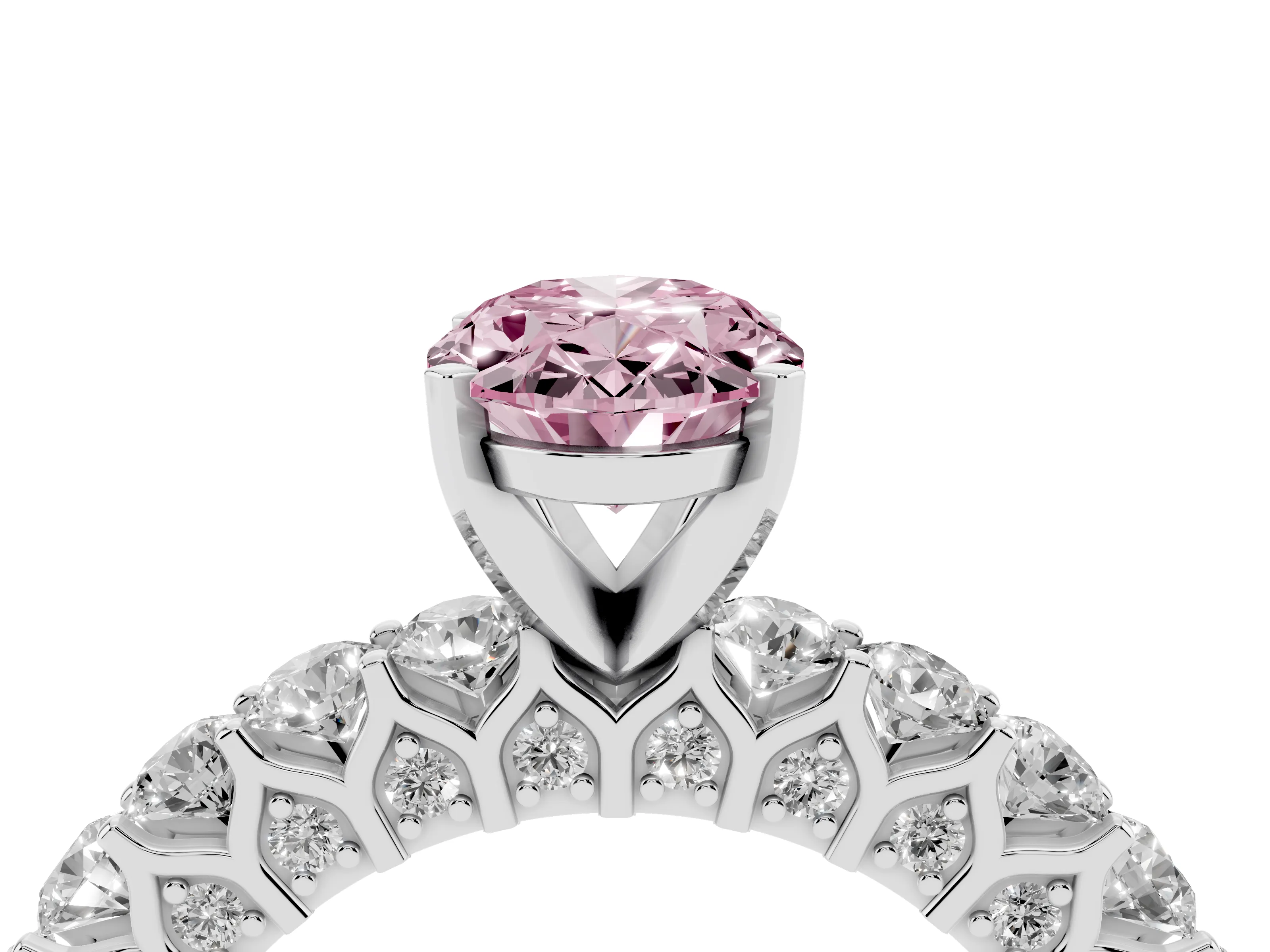 Fancy Pink Oval Cut Diamond Solitaire Ring Set in Silver with Shared Prong Pavé Band