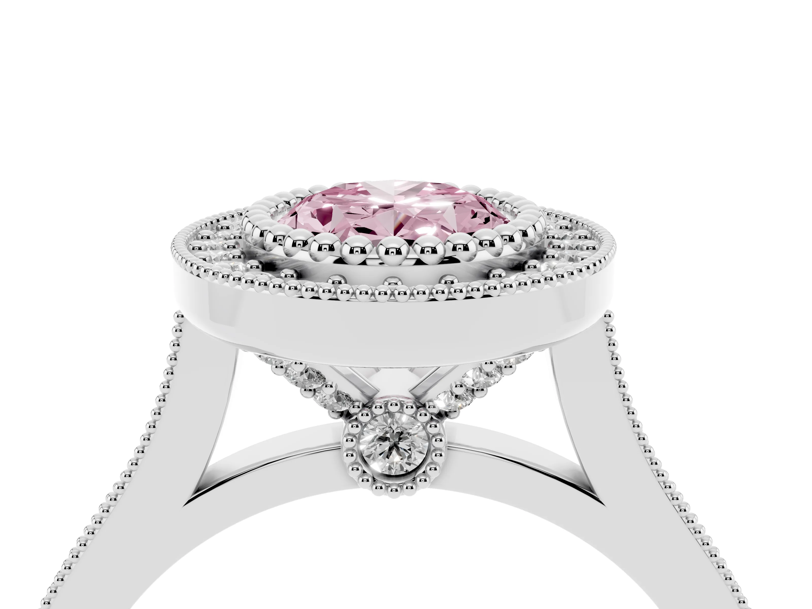Fancy Pink Oval Cut Diamond Halo Ring Set in Silver with Milgrain Frame and Pavé Band