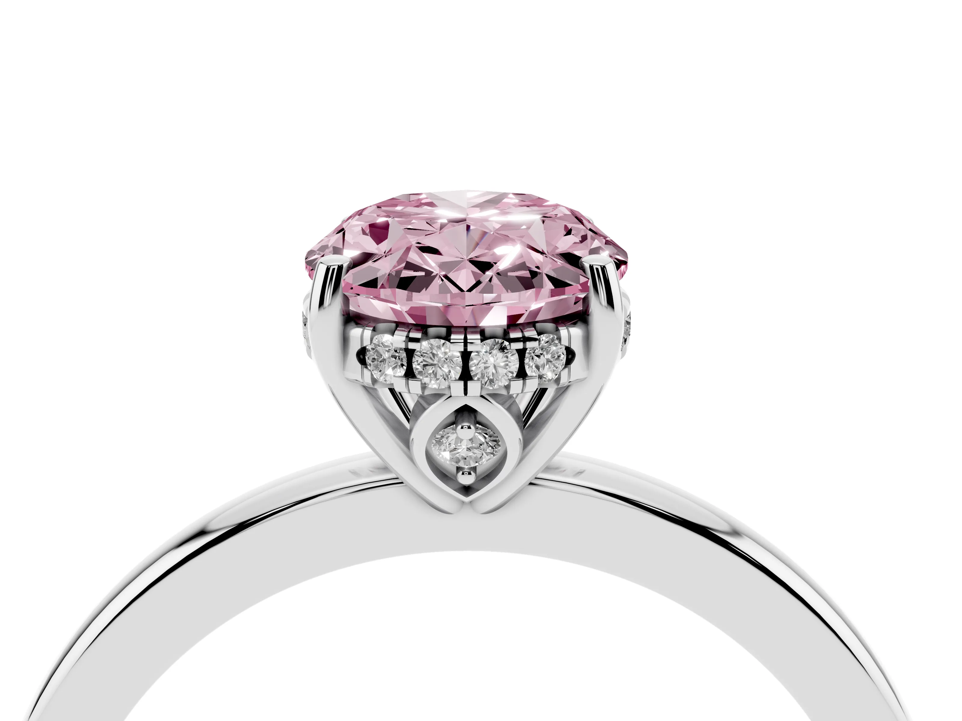 Fancy Pink Oval Cut Diamond Solitaire Ring Set in Silver with Plain Band and Prong Setting