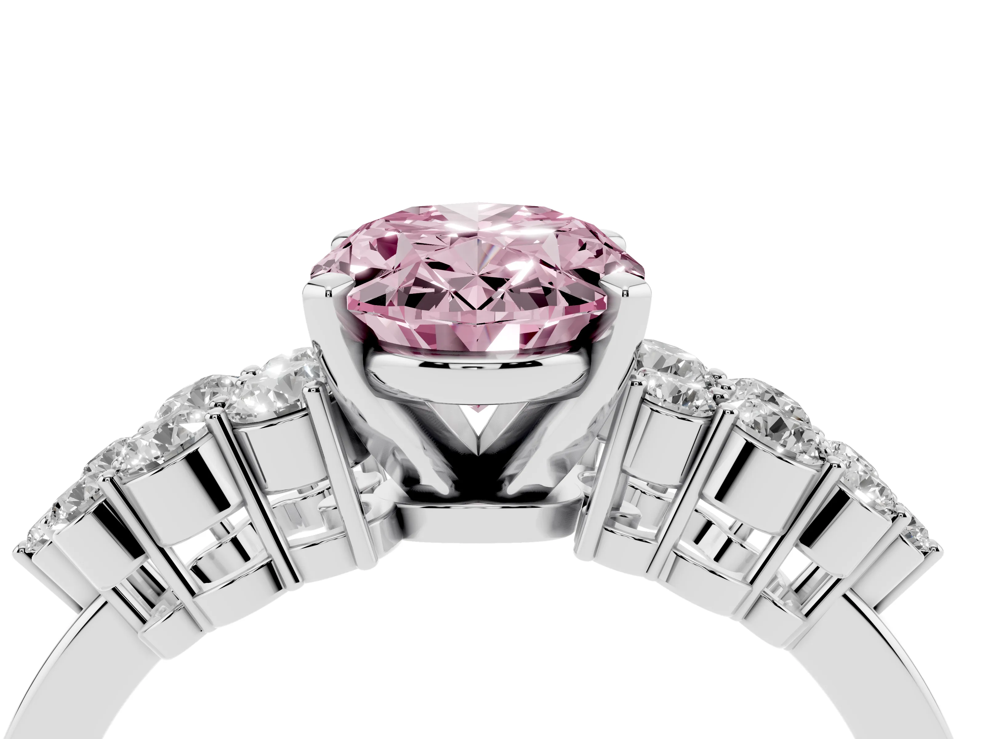 Fancy Pink Oval Cut Diamond Cluster Engagement Ring Set in Silver with Pavé Band and Prong Setting
