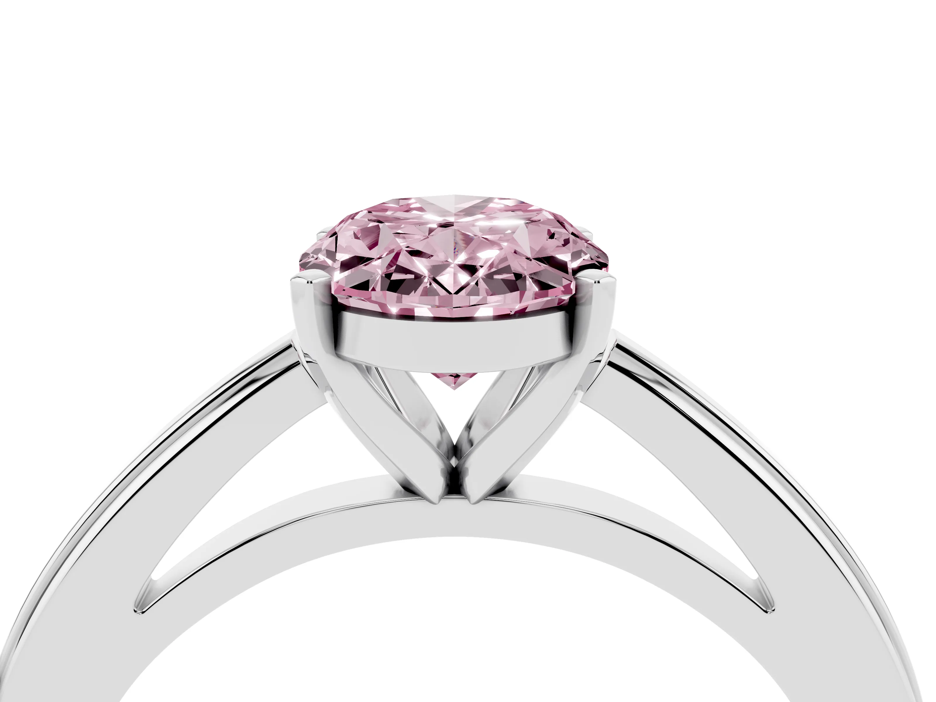 Fancy Pink Oval Cut Diamond Solitaire Ring Set in Platinum with Prong Setting and Classic Band