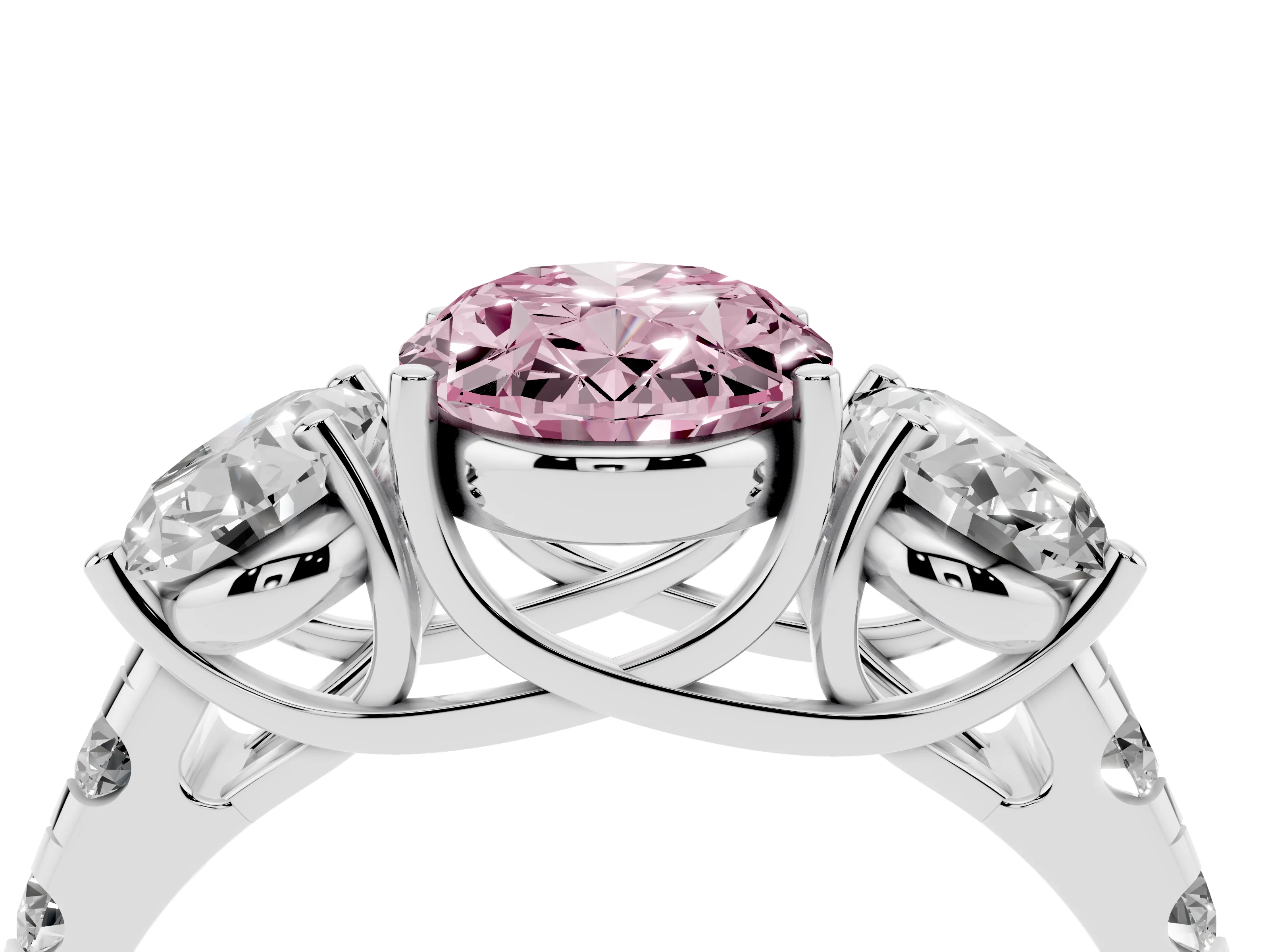 Fancy Pink Oval Cut Diamond Three-Stone Ring Set in Silver with Pavé Band